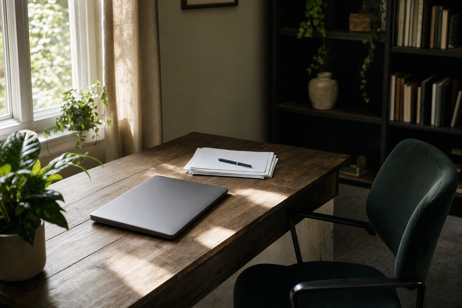 A quiet desk with a closed laptop, small stack of papers, pen, and plants in sunlight