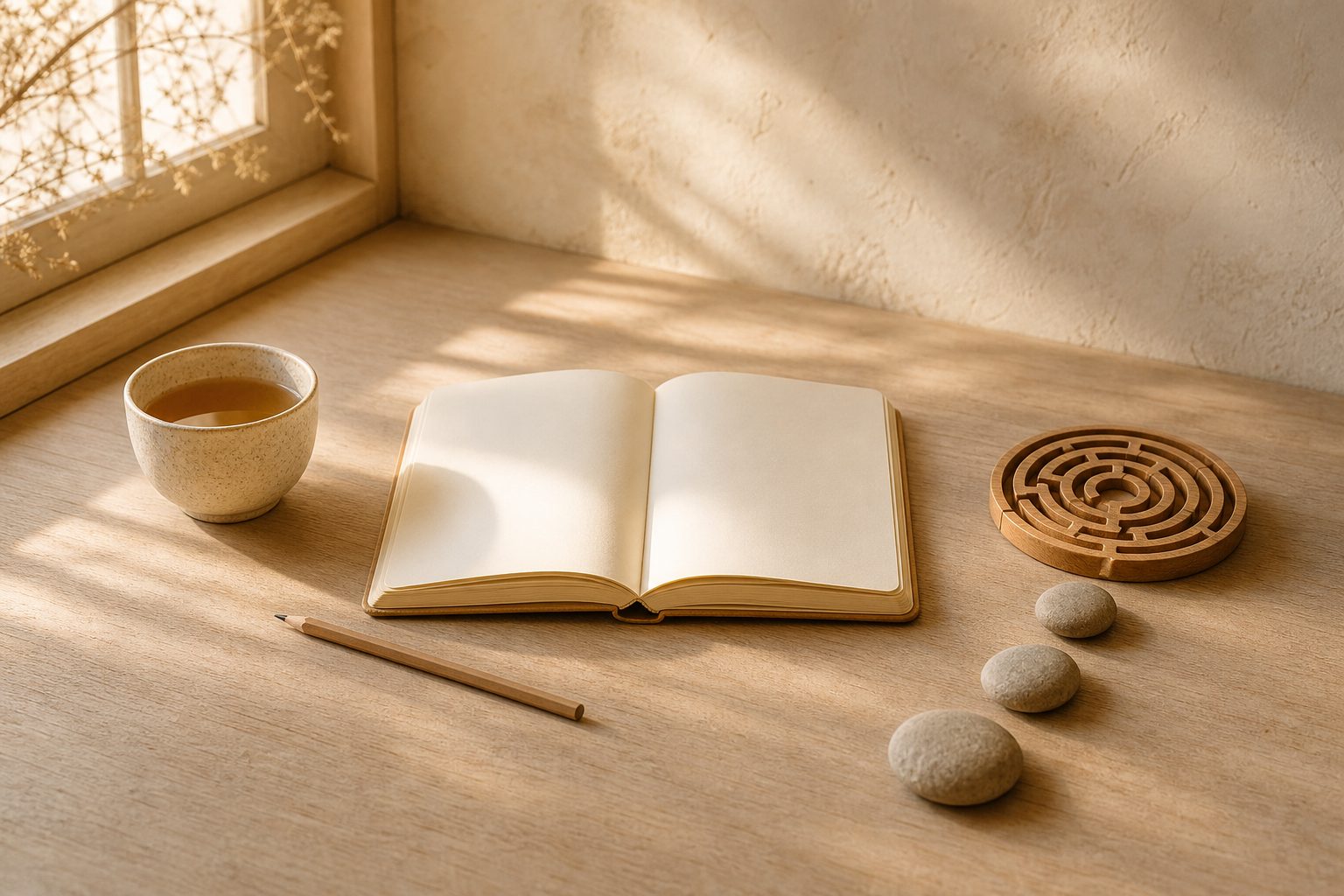 A circular wooden maze beside a notebook, tea and a path of smooth stones