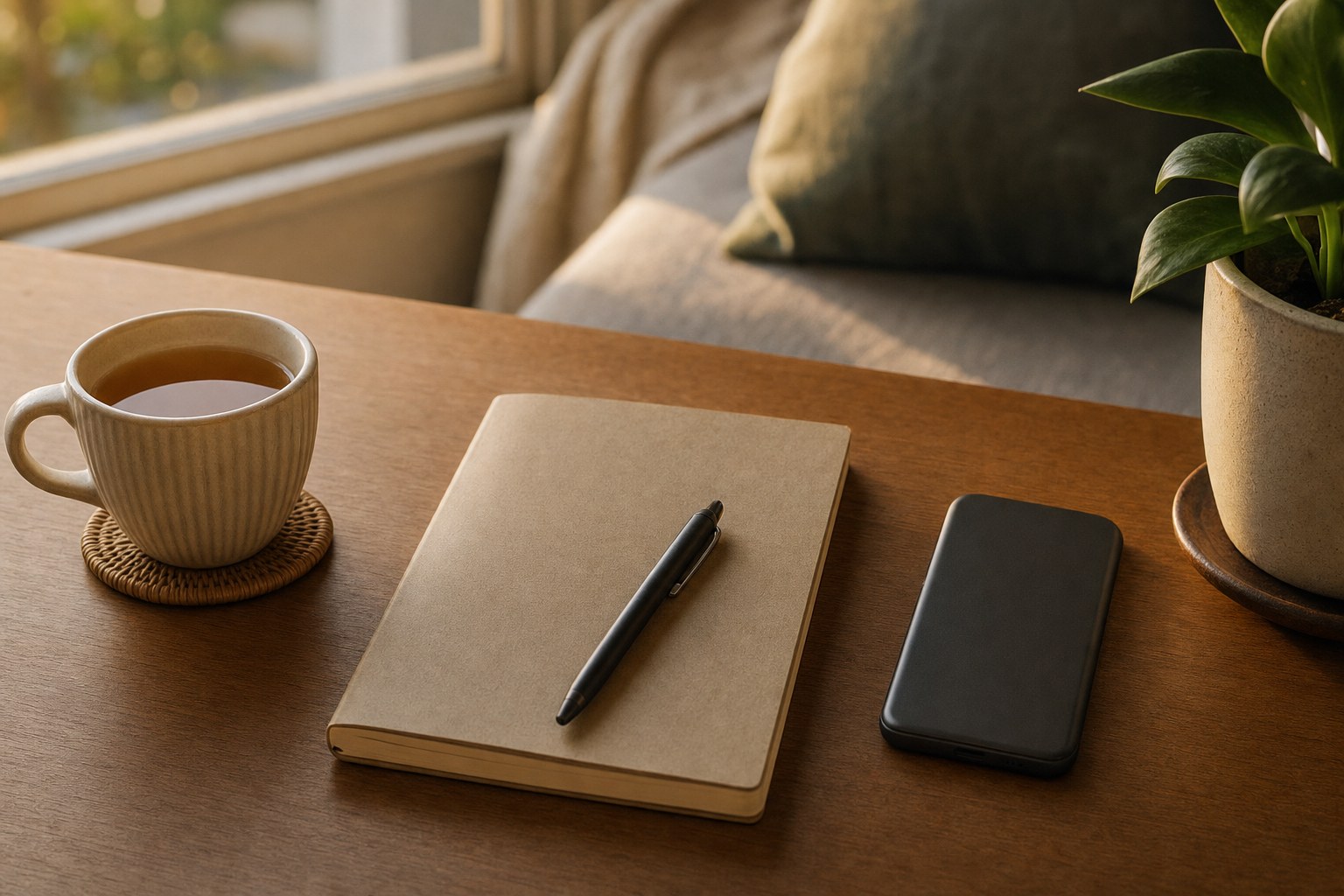 A face-down phone, notebook, pen, tea, and plant on a quiet home desk