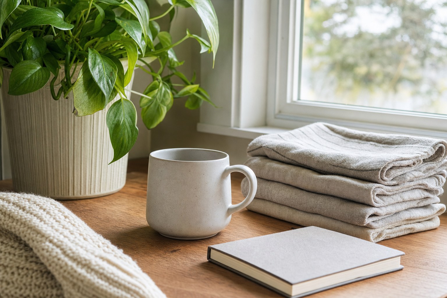 A ceramic mug, folded linen, notebook, and green houseplant by a bright window