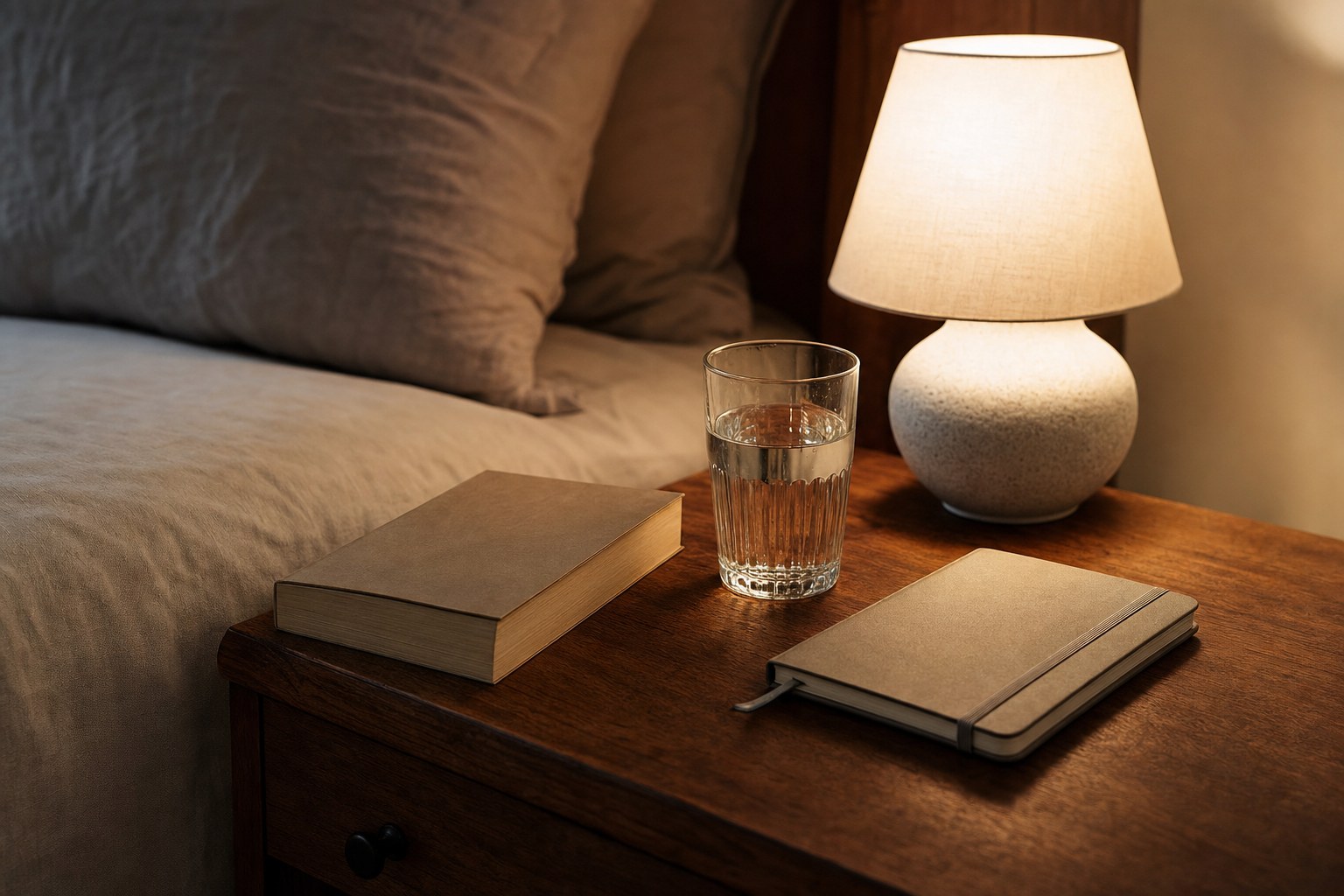 A book, notebook, water glass, and lamp on a warm bedside table