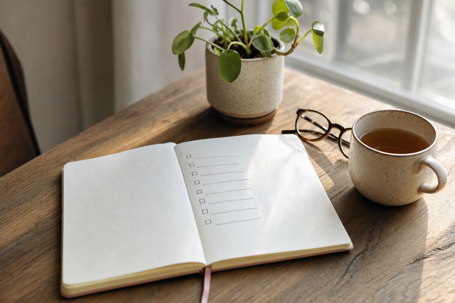 An open checklist notebook, tea, glasses, and a small plant in morning light