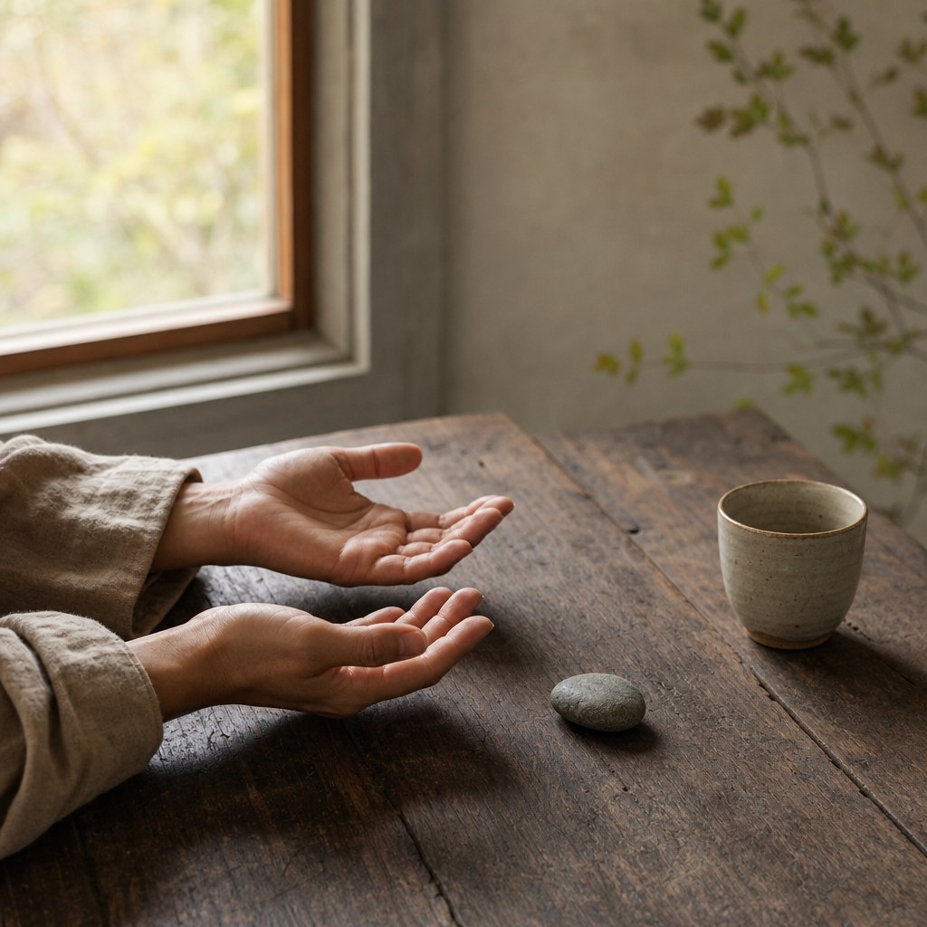 Open hands resting beside a stone and cup on a wooden table