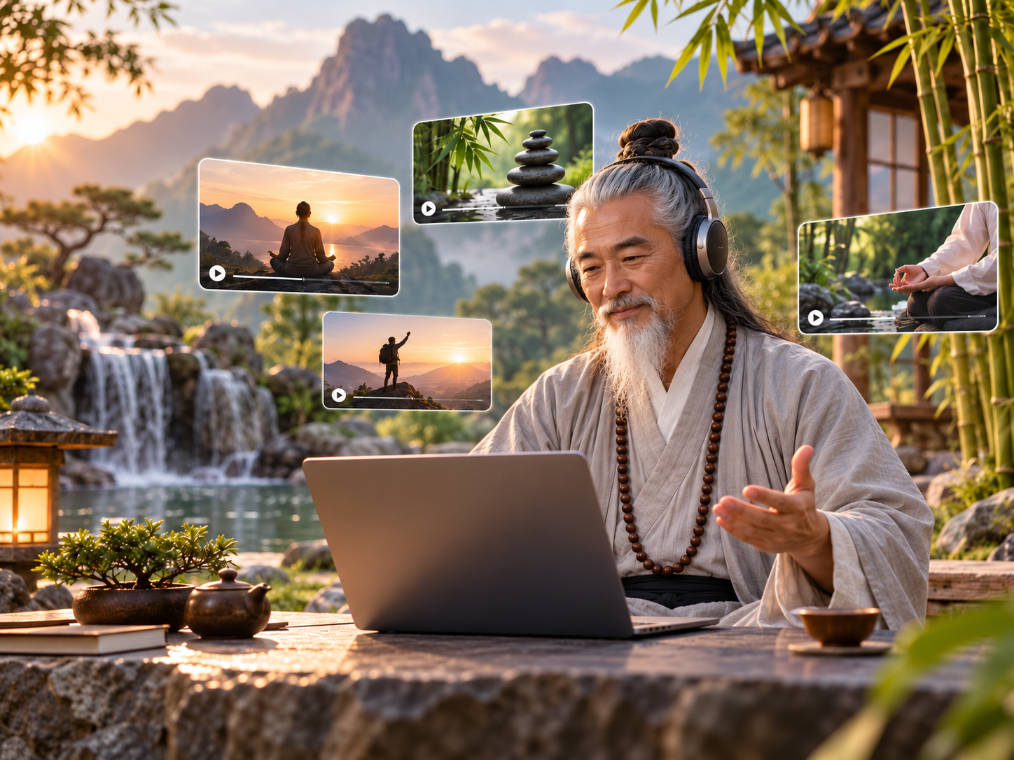 A guide leading a video lesson in a tranquil mountain setting