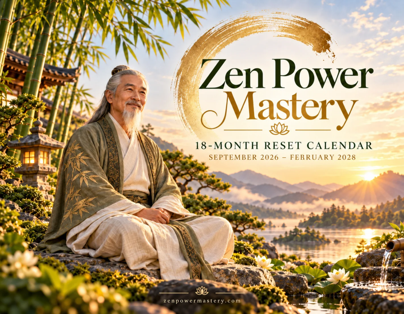 Zen Power Mastery calendar cover showing Master Liang Shen beside a sunlit mountain lake