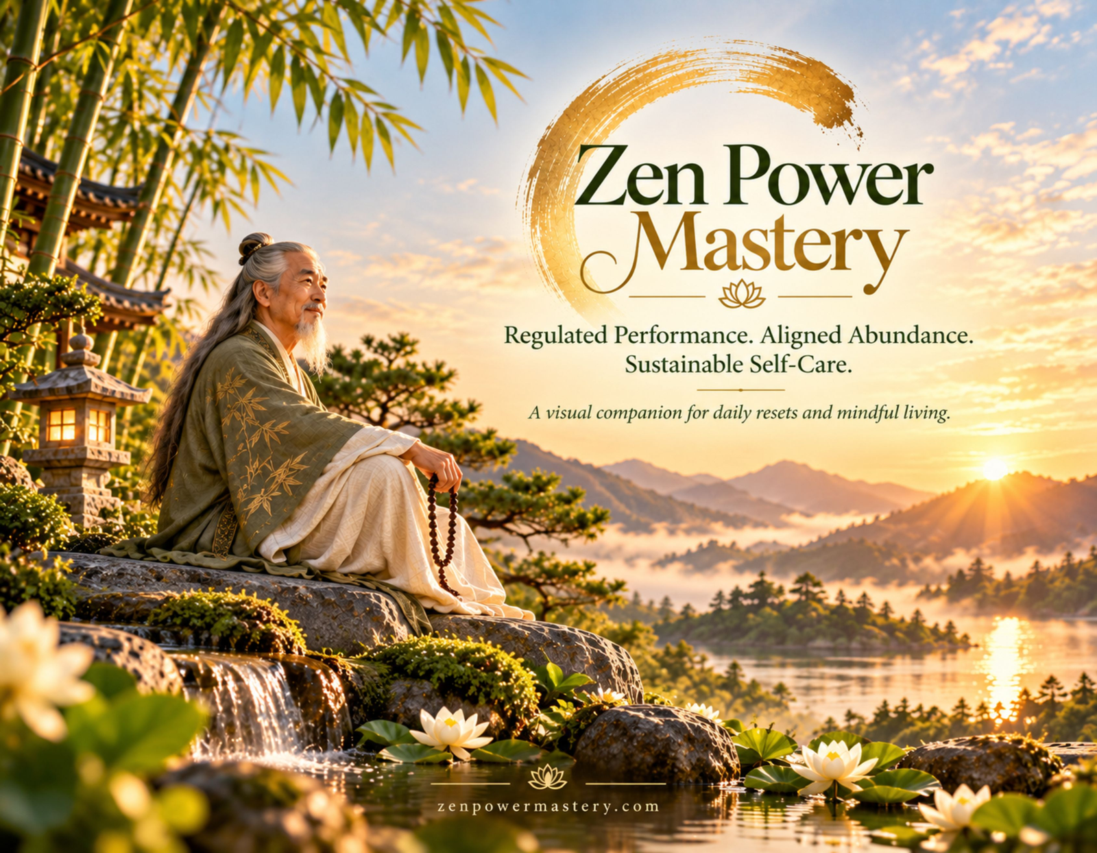 Calendar artwork with Master Liang Shen and the words A visual companion for daily resets and mindful living