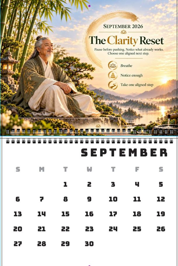 A reminder to breathe, notice enough and take one aligned step, paired with the full monthly calendar.