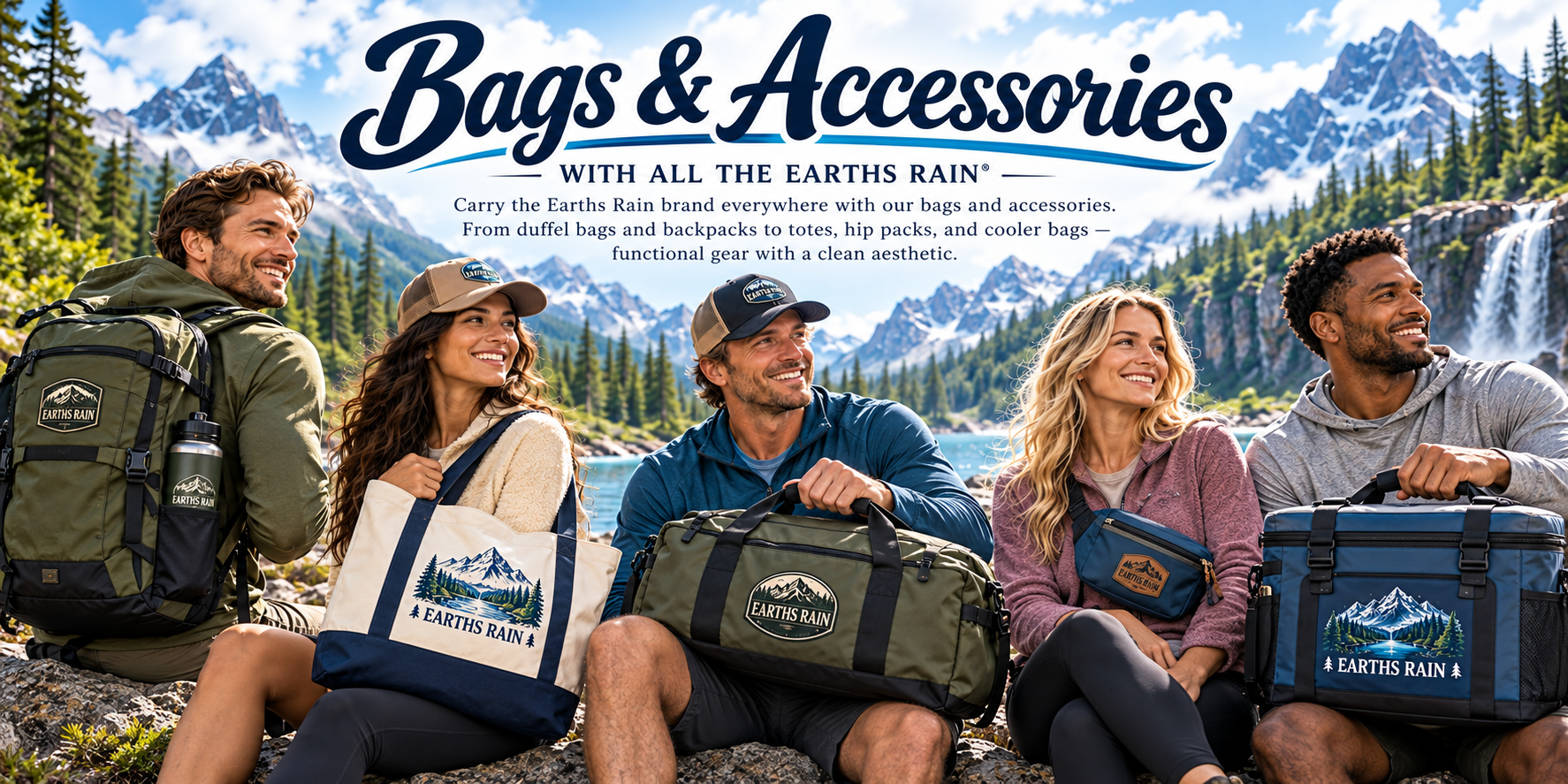 Hikers carrying With All The Earths Rain backpacks, totes, duffels, and cooler bags