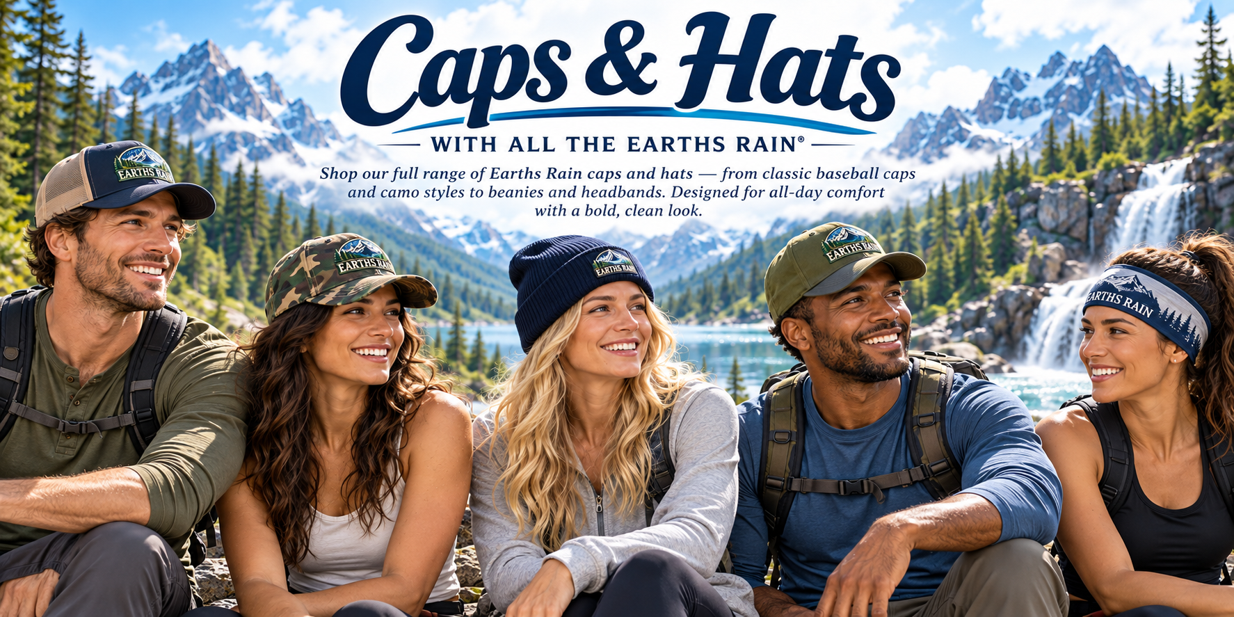 Hikers wearing With All The Earths Rain caps, beanies, and headbands beside a mountain lake