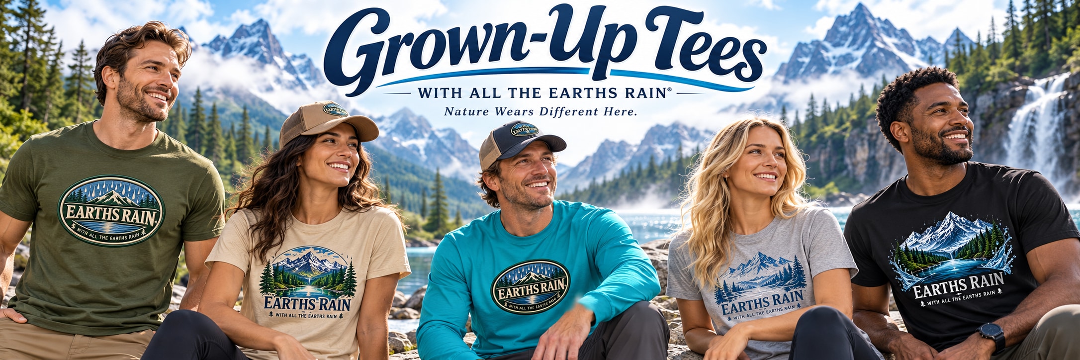 Grown-ups wearing With All The Earths Rain tees in a mountain landscape