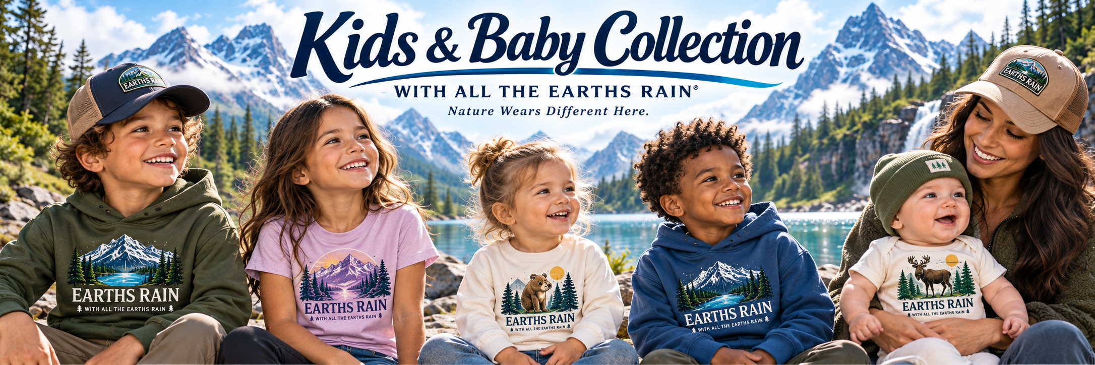 Kids and baby wearing With All The Earths Rain clothing beside a mountain lake