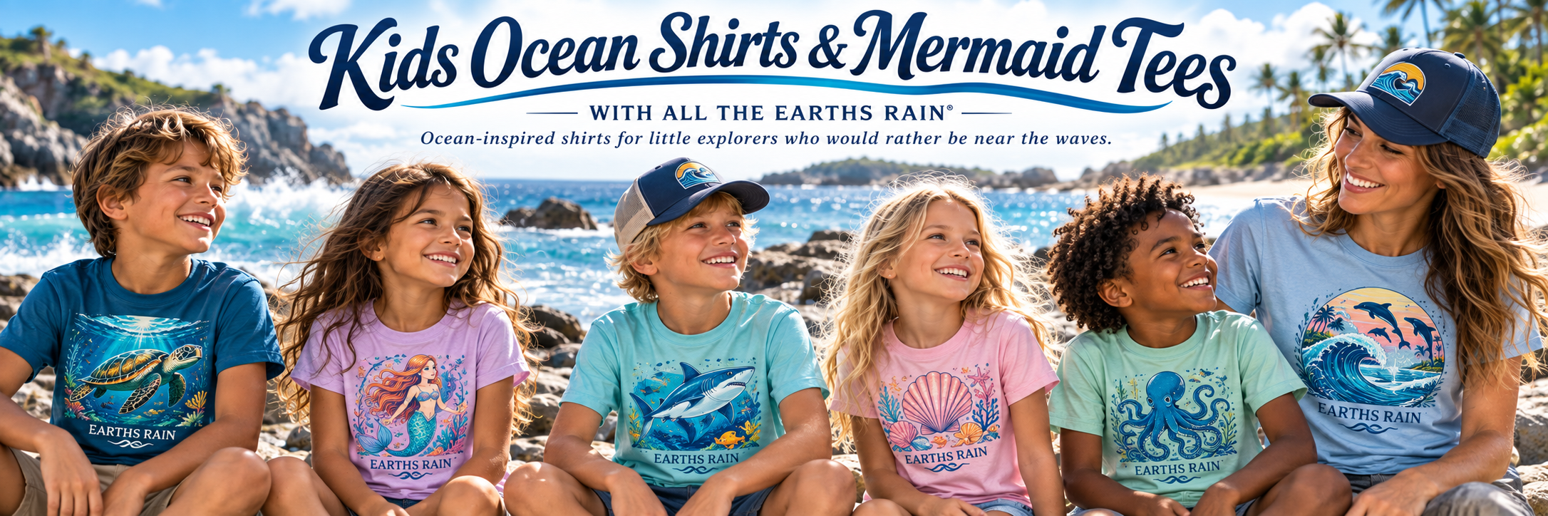 Kids wearing With All The Earths Rain ocean and mermaid shirts by the sea