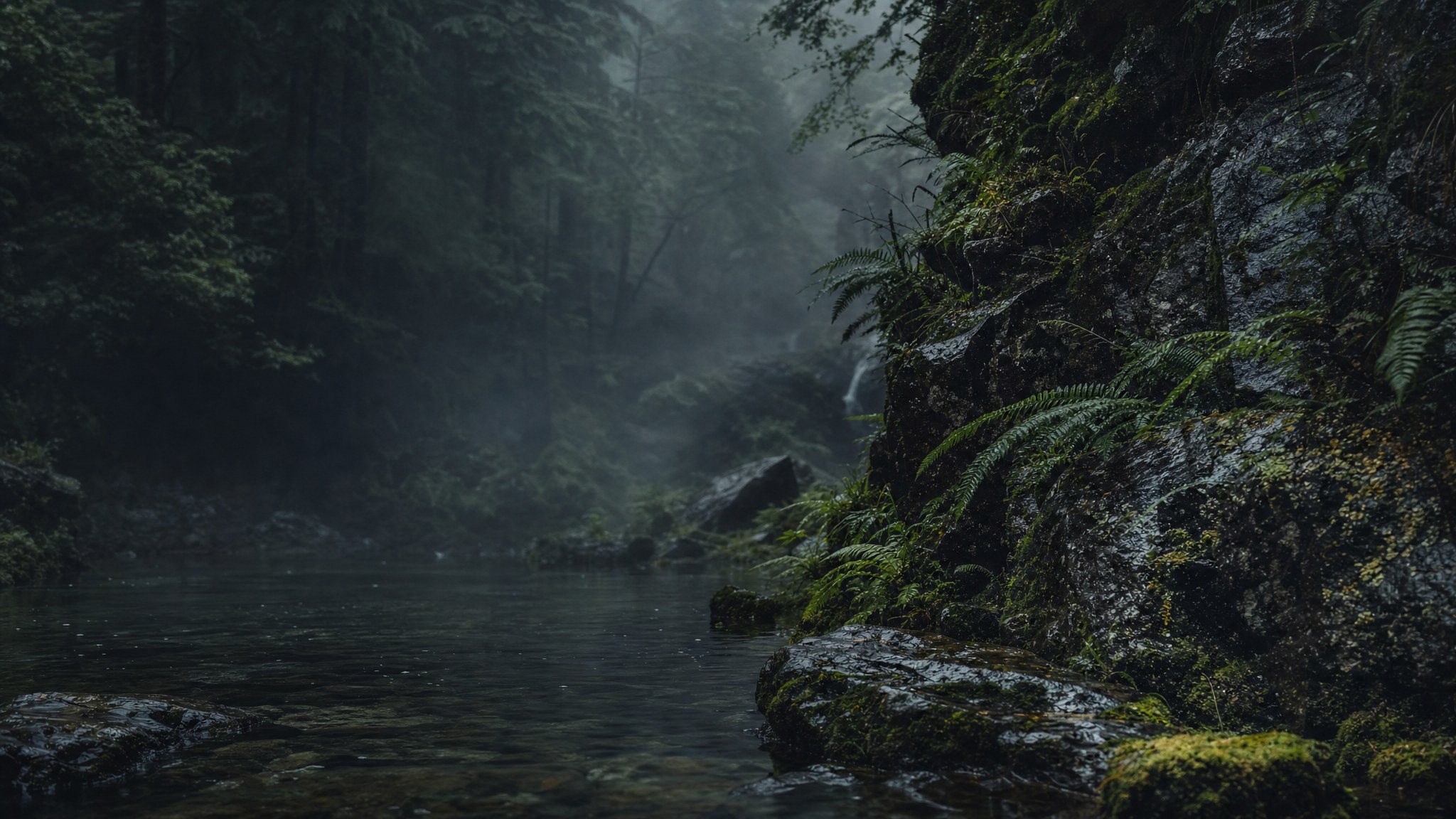 Misty forest beside rain-darkened water