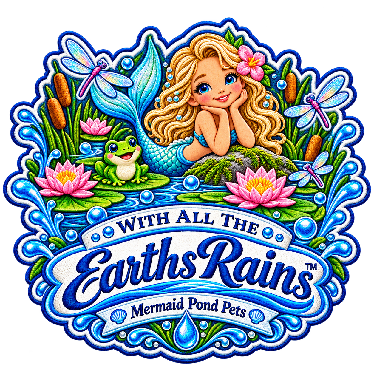 With All The Earths Rain Mermaid Pond Pets emblem with a mermaid, frog, koi, and water lilies