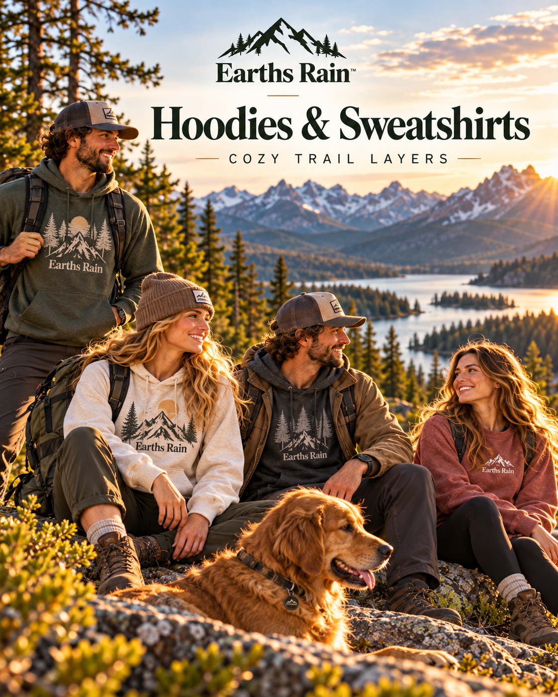 Friends wearing Earths Rain hoodies and sweatshirts on a mountain trail