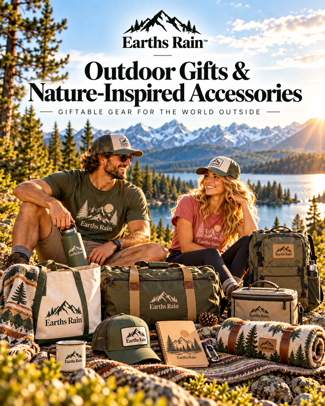 Outdoor gifts, bags, blankets, and caps arranged beside a mountain lake