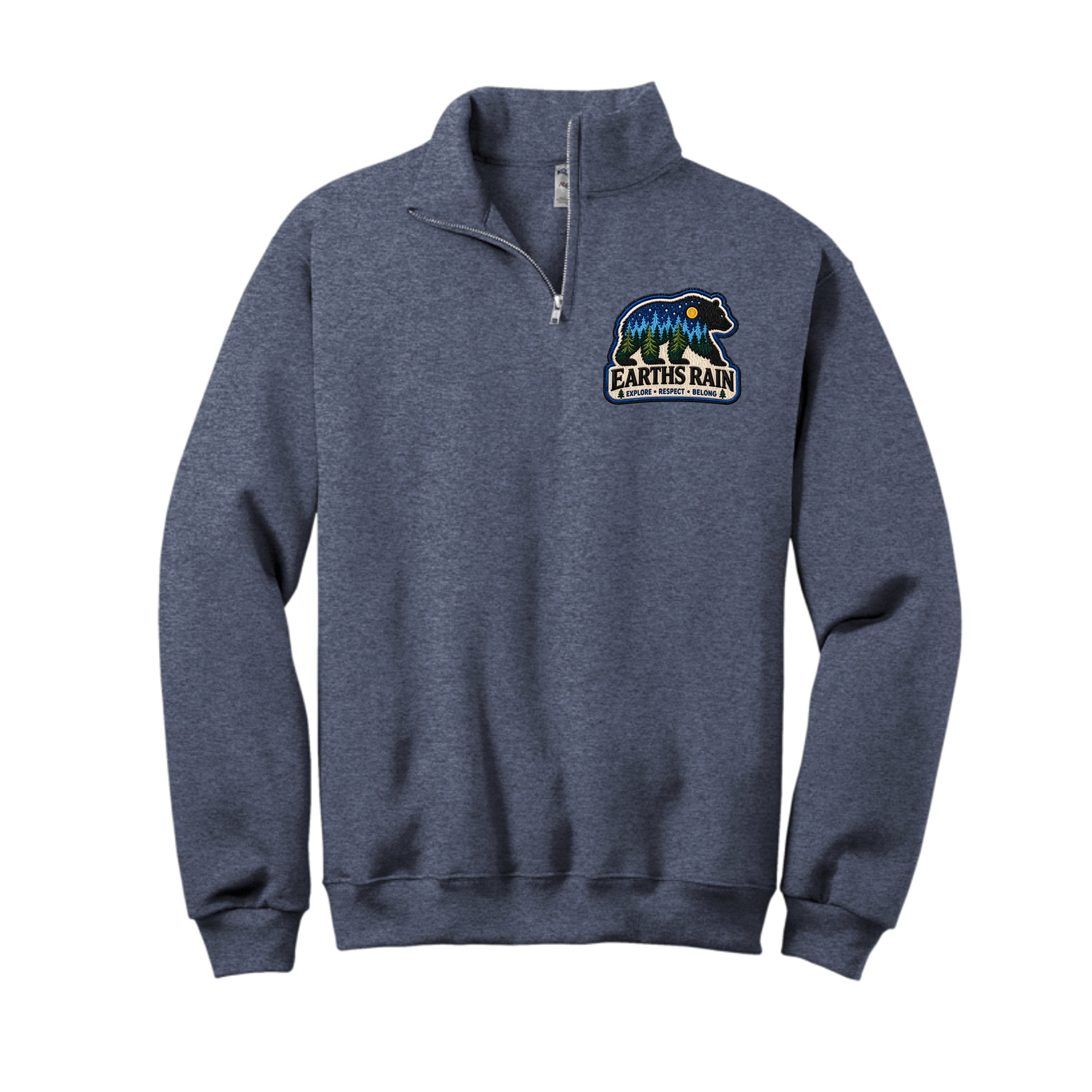 Earths Rain quarter-zip with an outdoor message