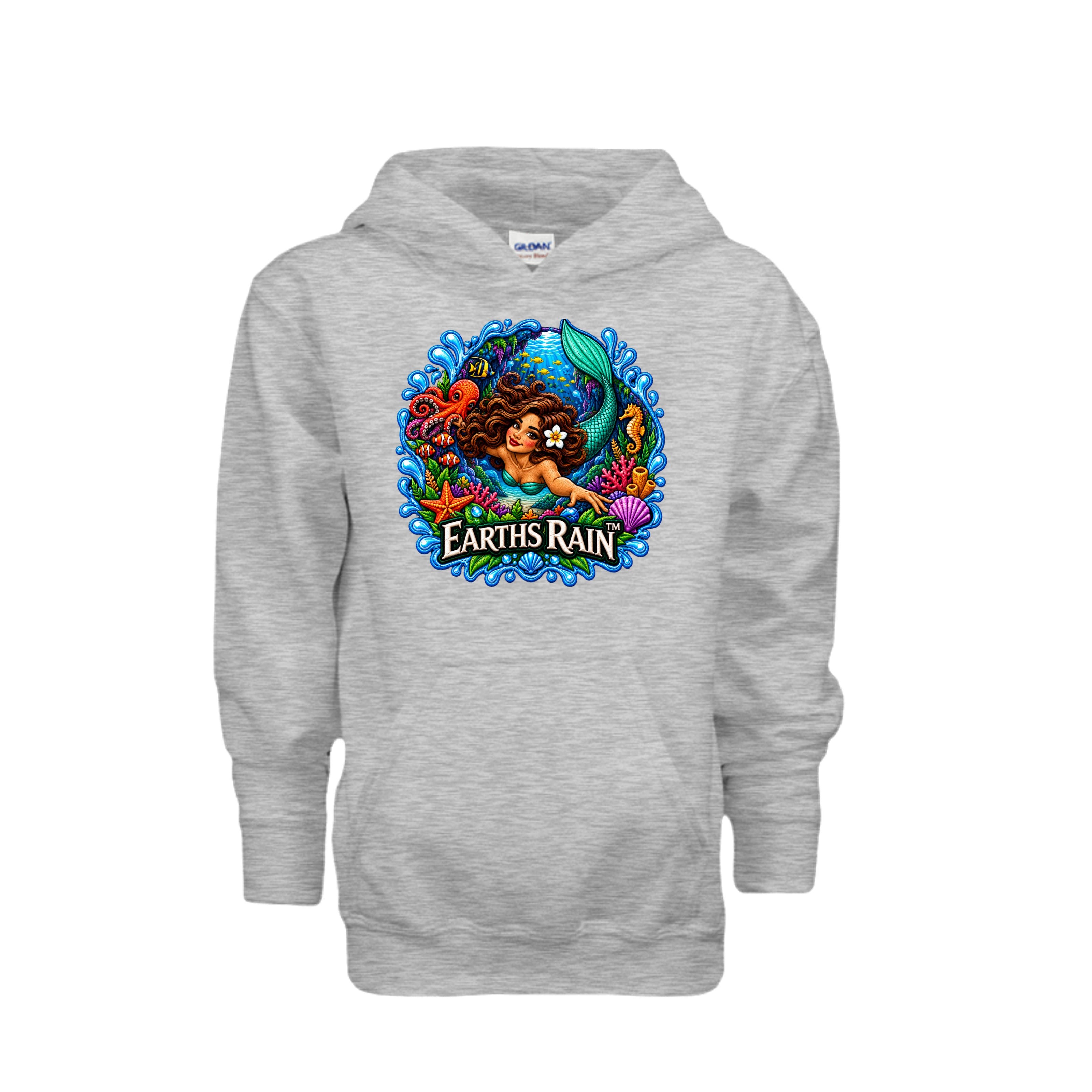 Mermaid and baby octopus ocean artwork on a youth hoodie