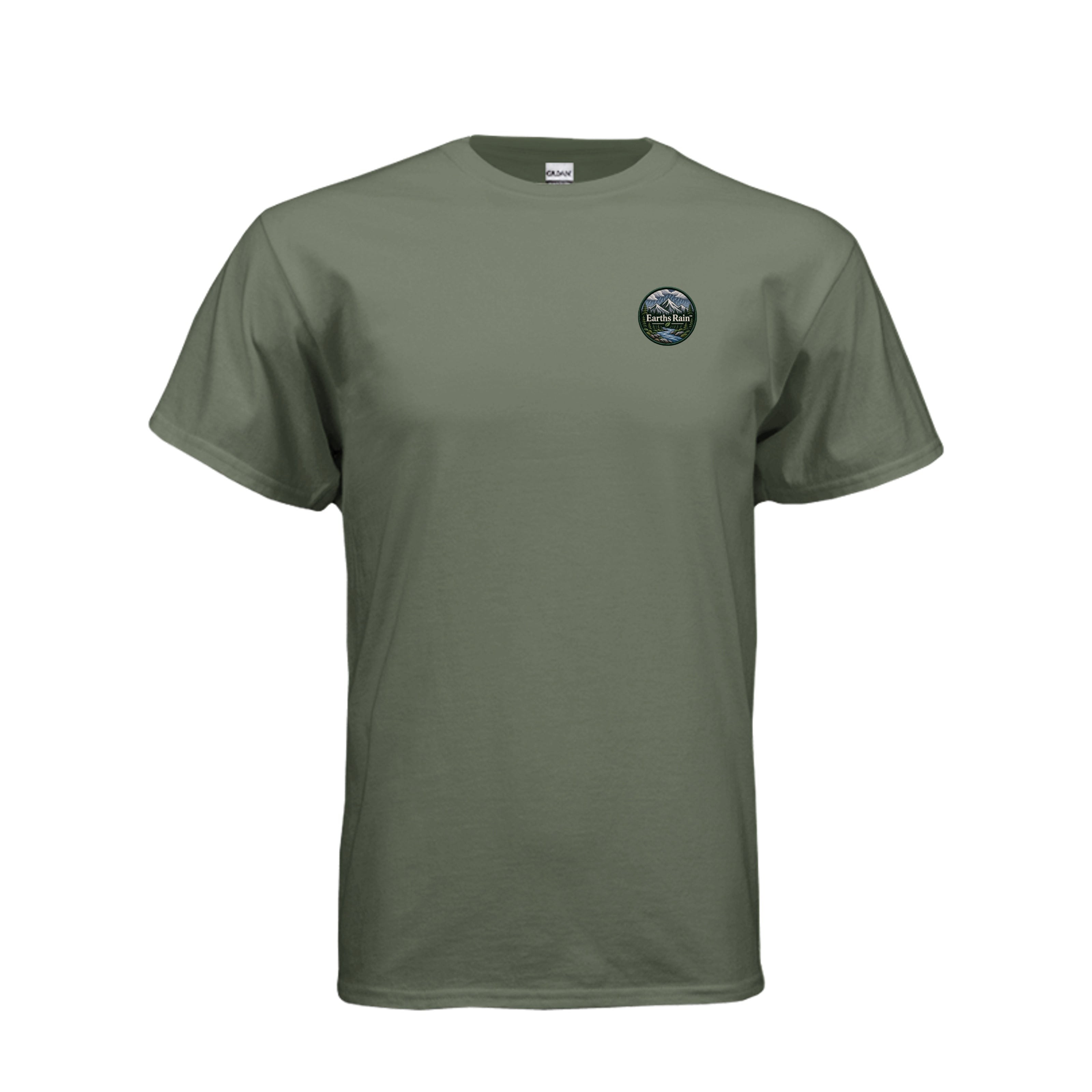 Olive green Earths Rain men's T-shirt with a small round chest design