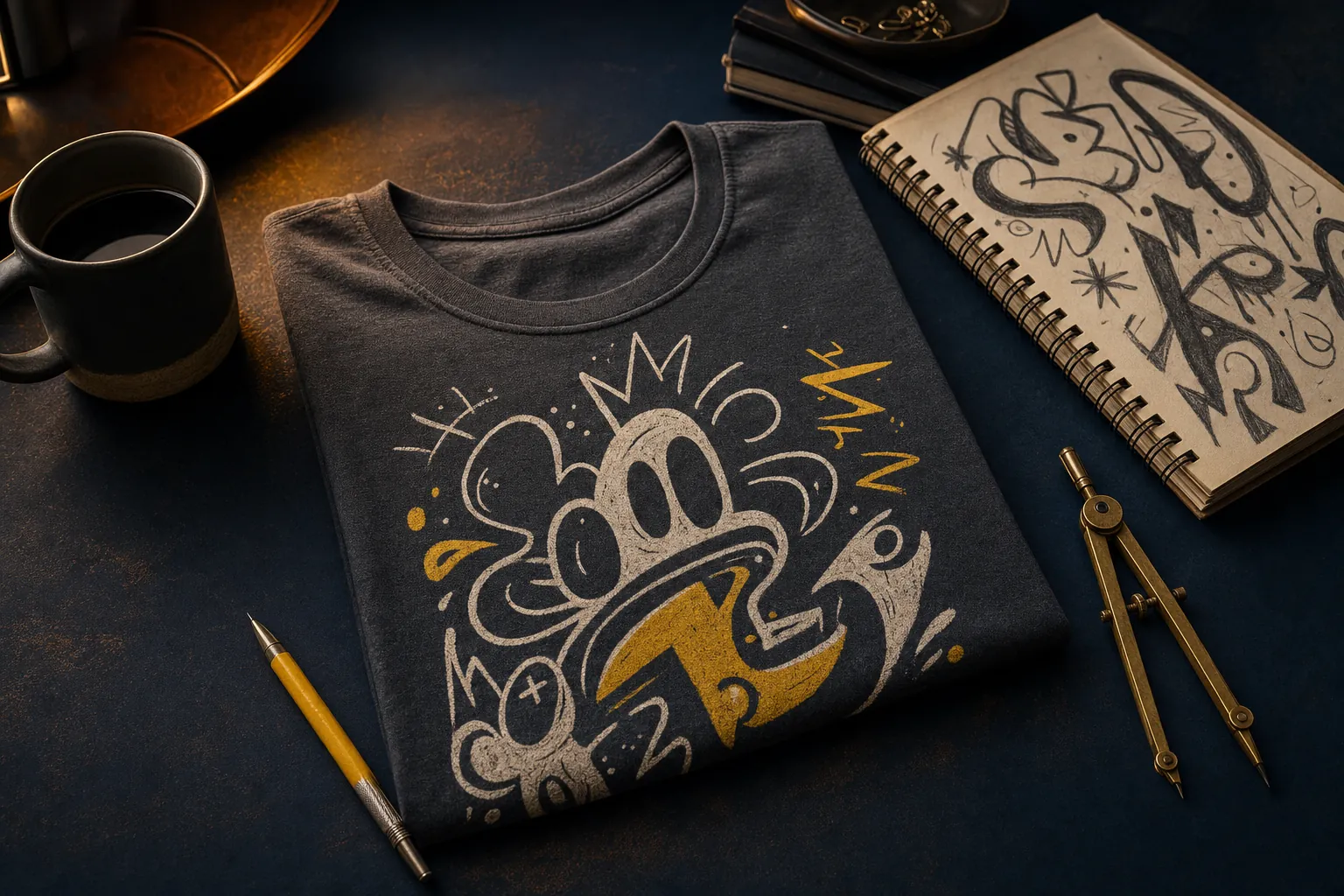 Graphic shirt design tools on a dark studio workbench