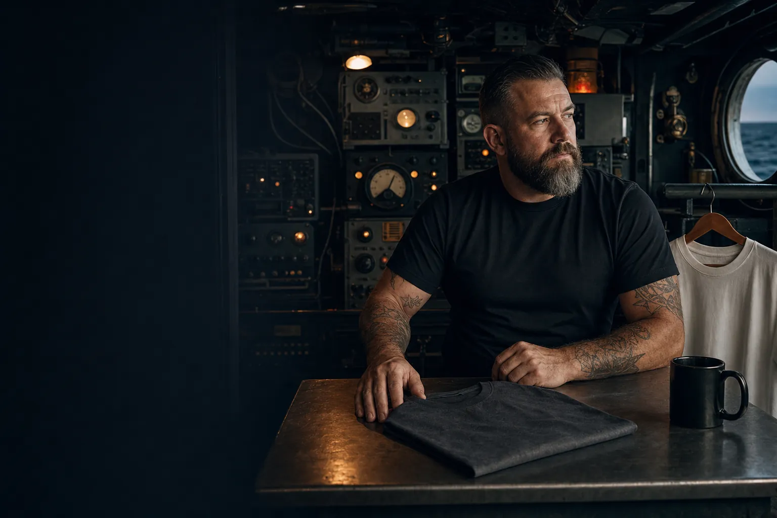 Workwear scene inside a submarine control room