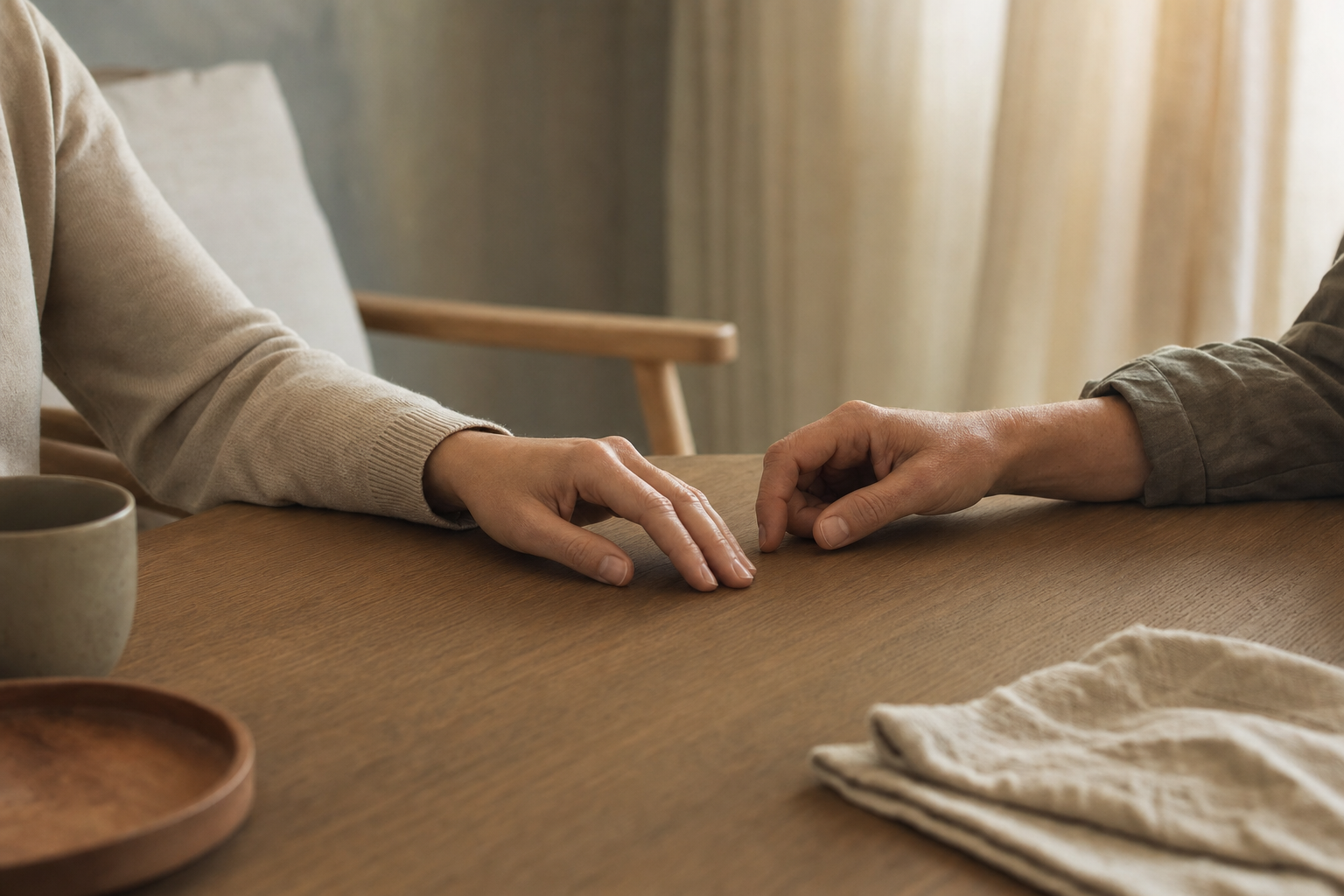 Two hands resting near one another on a table