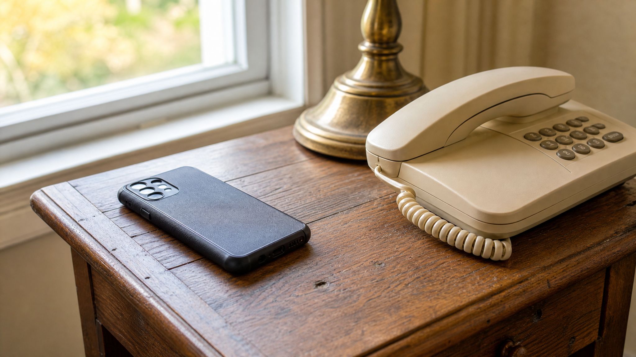 Mobile phone and corded telephone on a wooden side table.