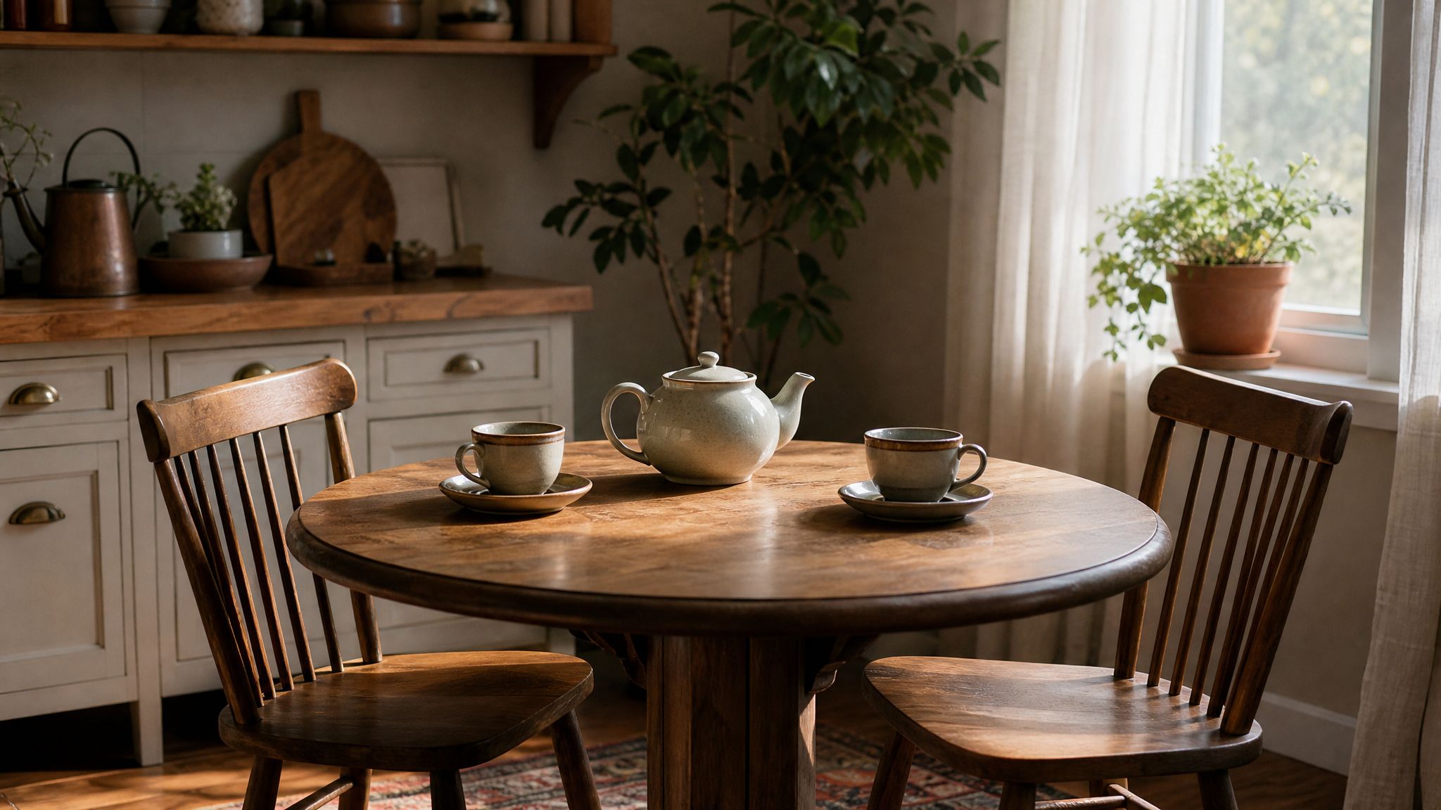 Two places set for tea at a sunlit kitchen table.