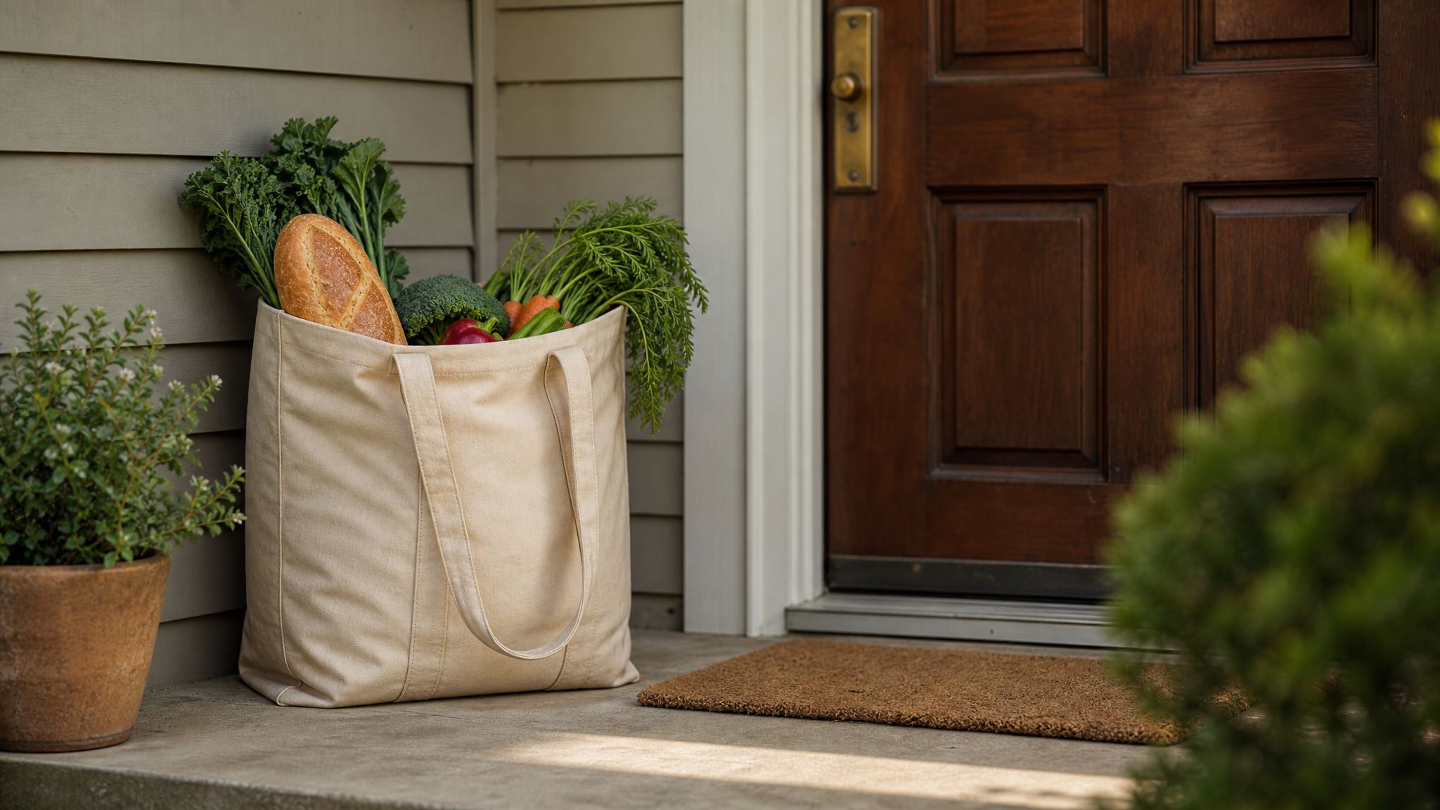 Grocery tote on a sheltered doorstep in afternoon light.