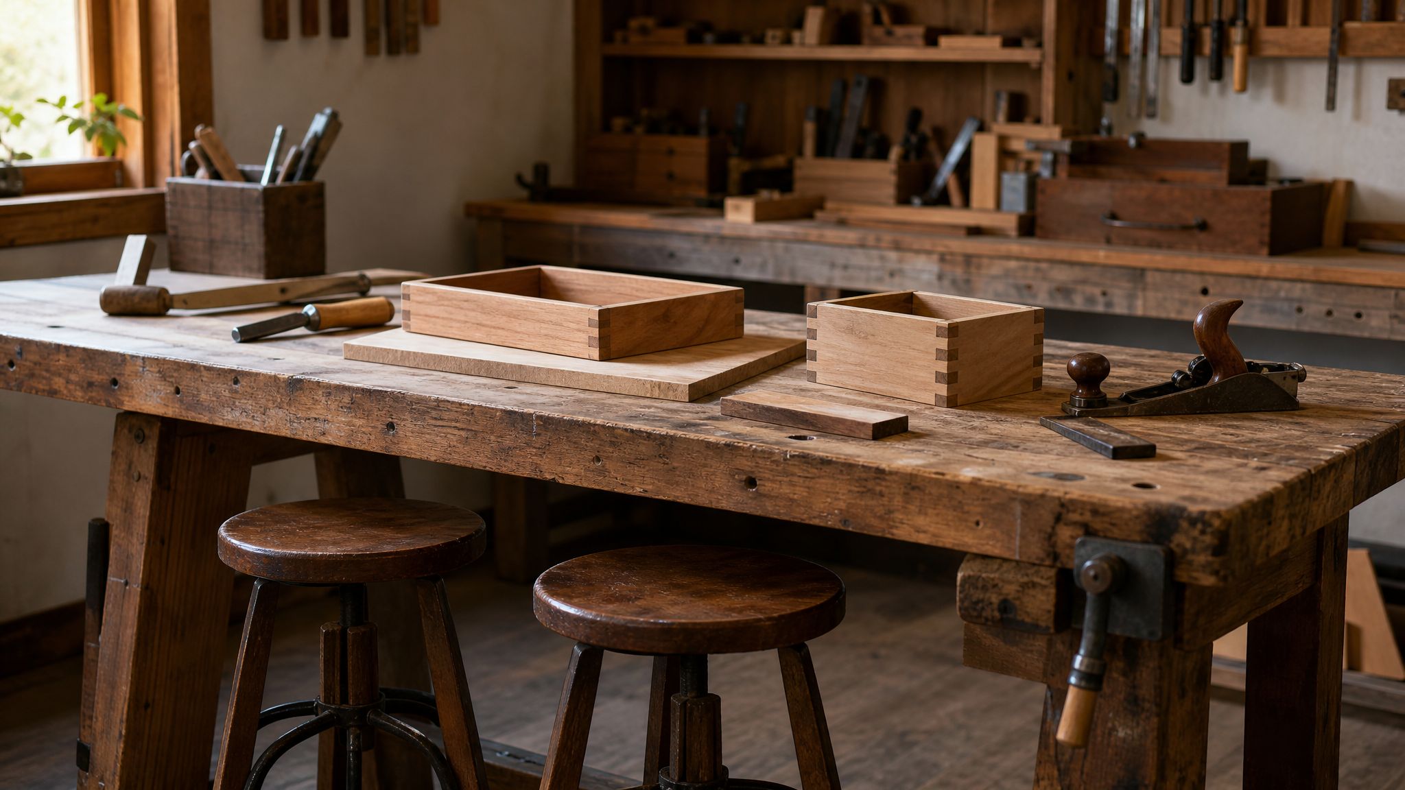 Two stools at a workshop bench set up for learning a practical skill.