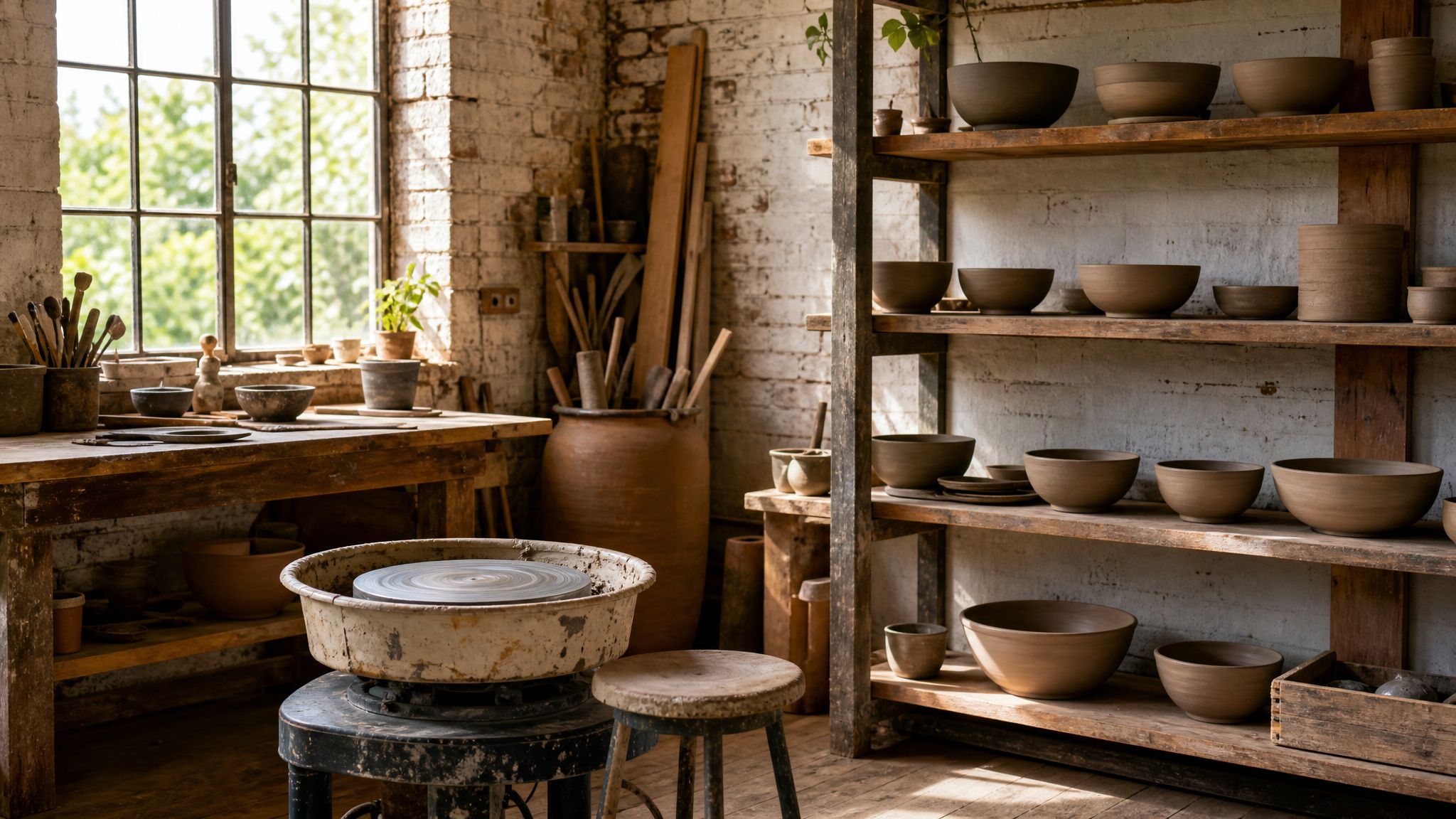 Pottery wheel and unglazed bowls in a small makers studio.