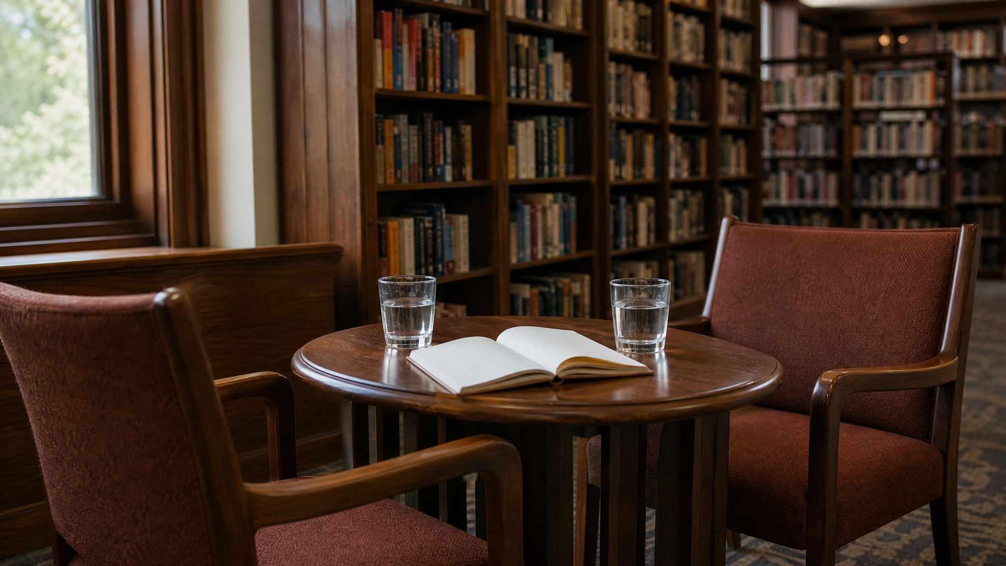 Two chairs and an open notebook in a library meeting nook.