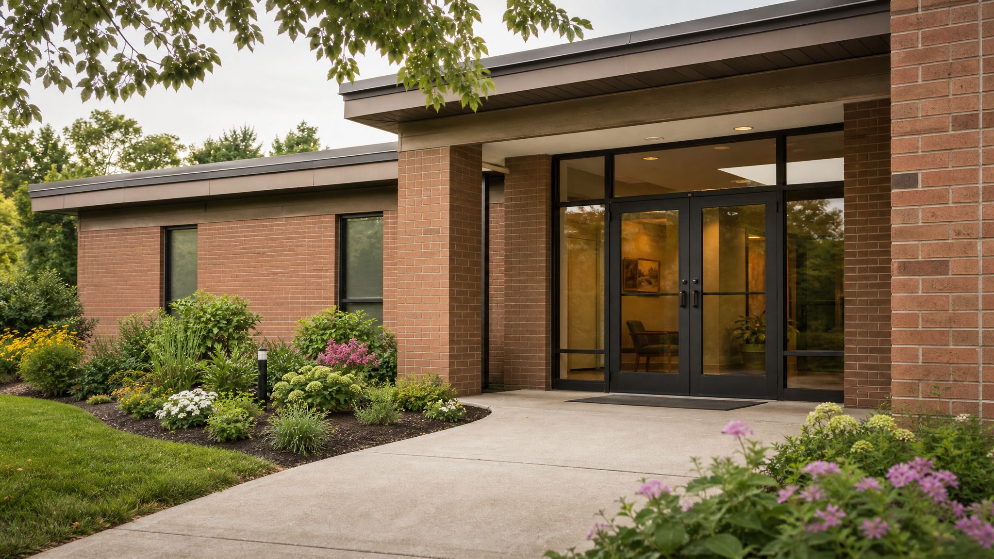 Level walkway leading to a small clinic entrance.