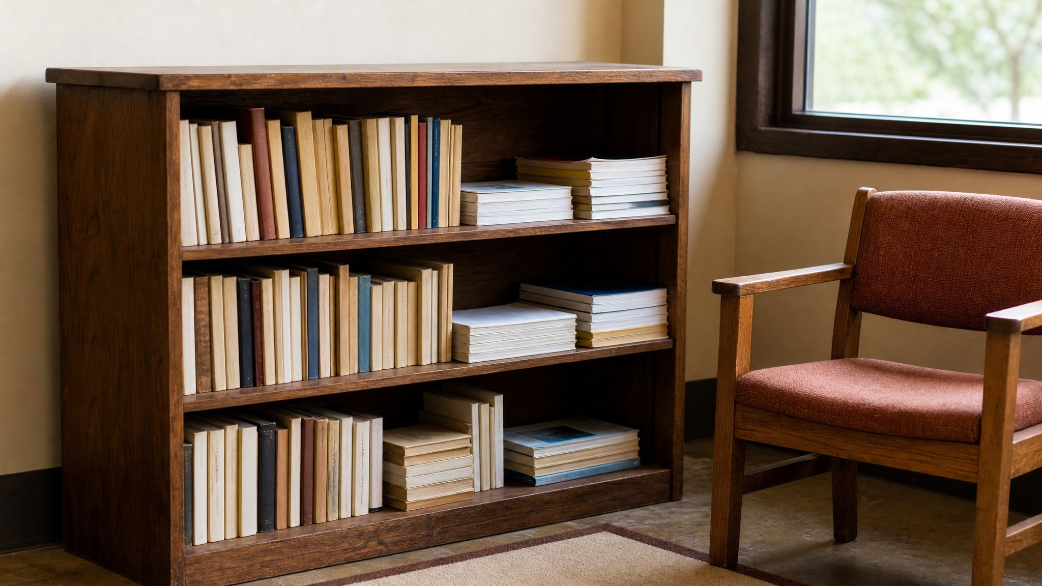 Paperbacks and booklets on a community center lending shelf.