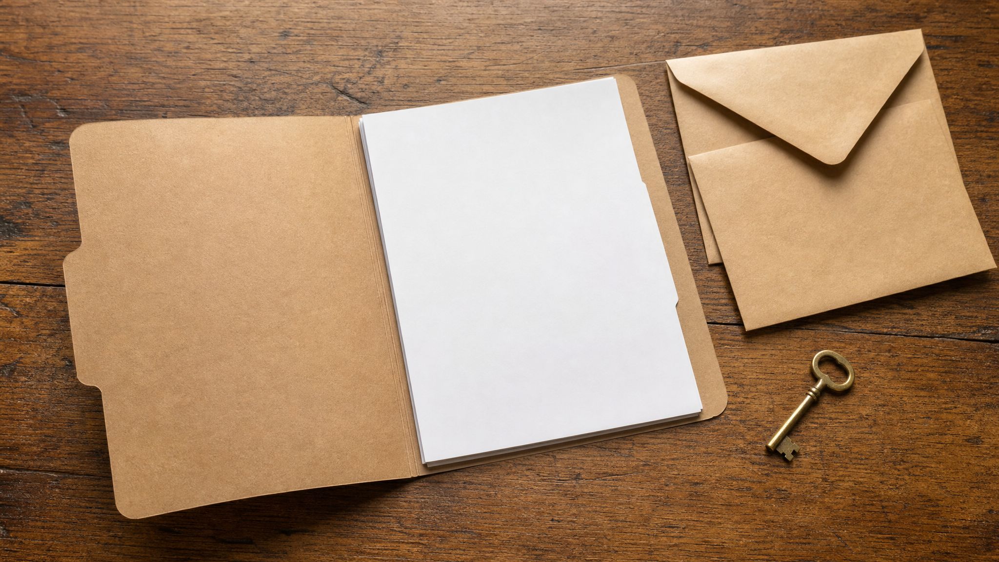 Document folder and envelopes on an oak desk.