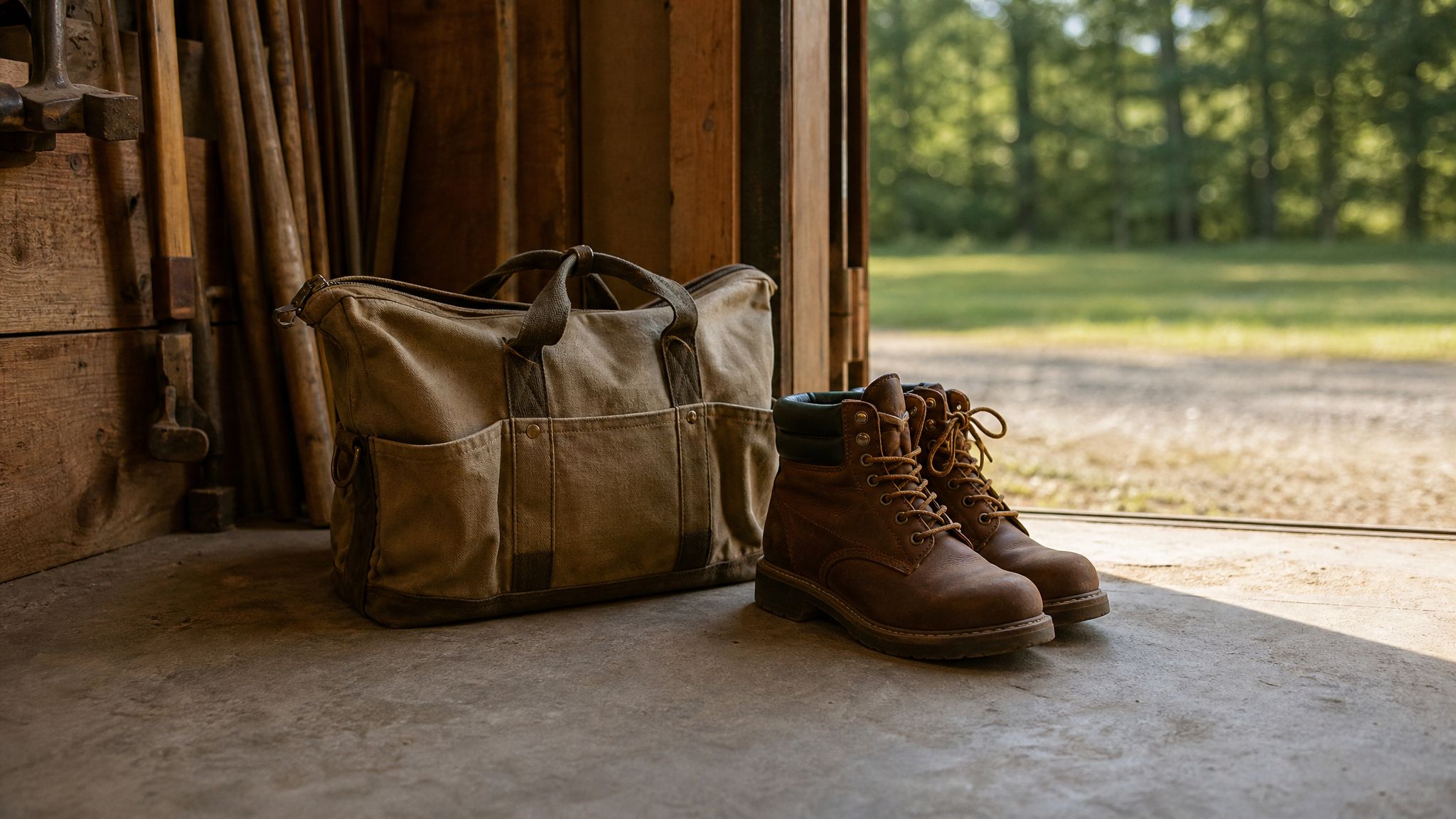 Work boots and a canvas bag beside a workshop doorway.