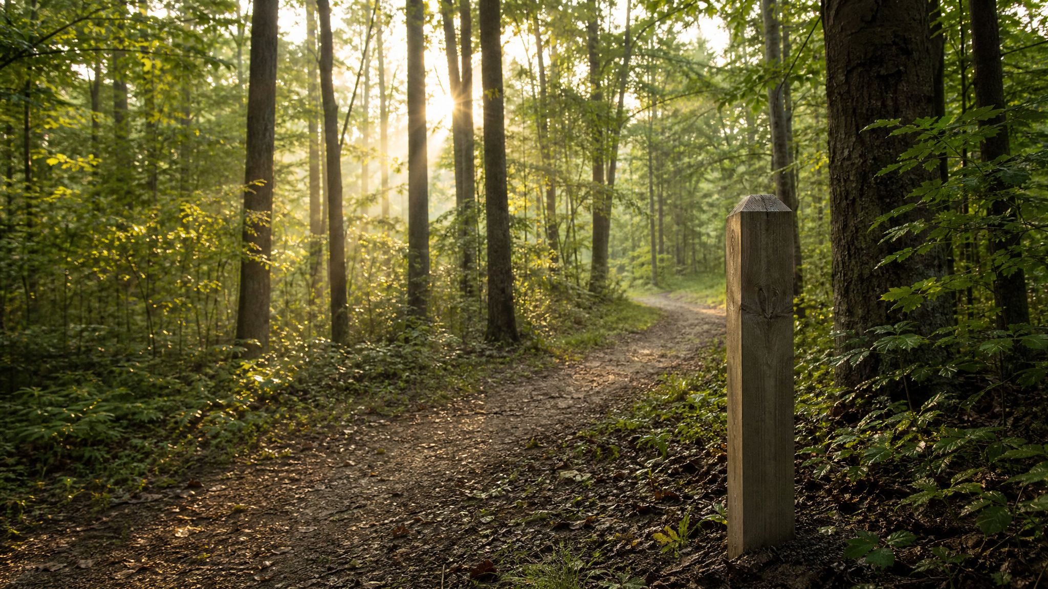 Morning light on a woodland trail beside a wooden trail post.