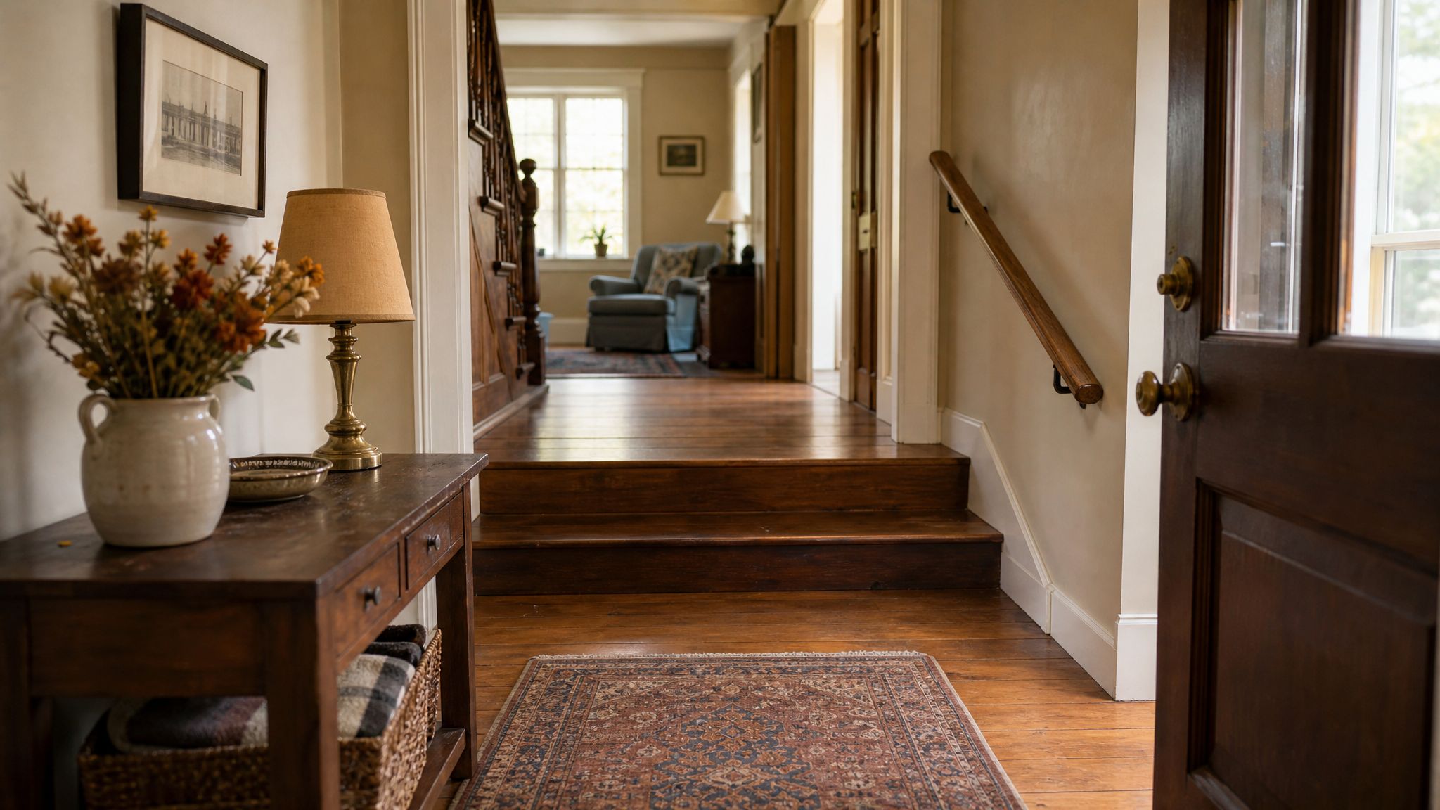 Handrail and armchair in a warmly lit home.