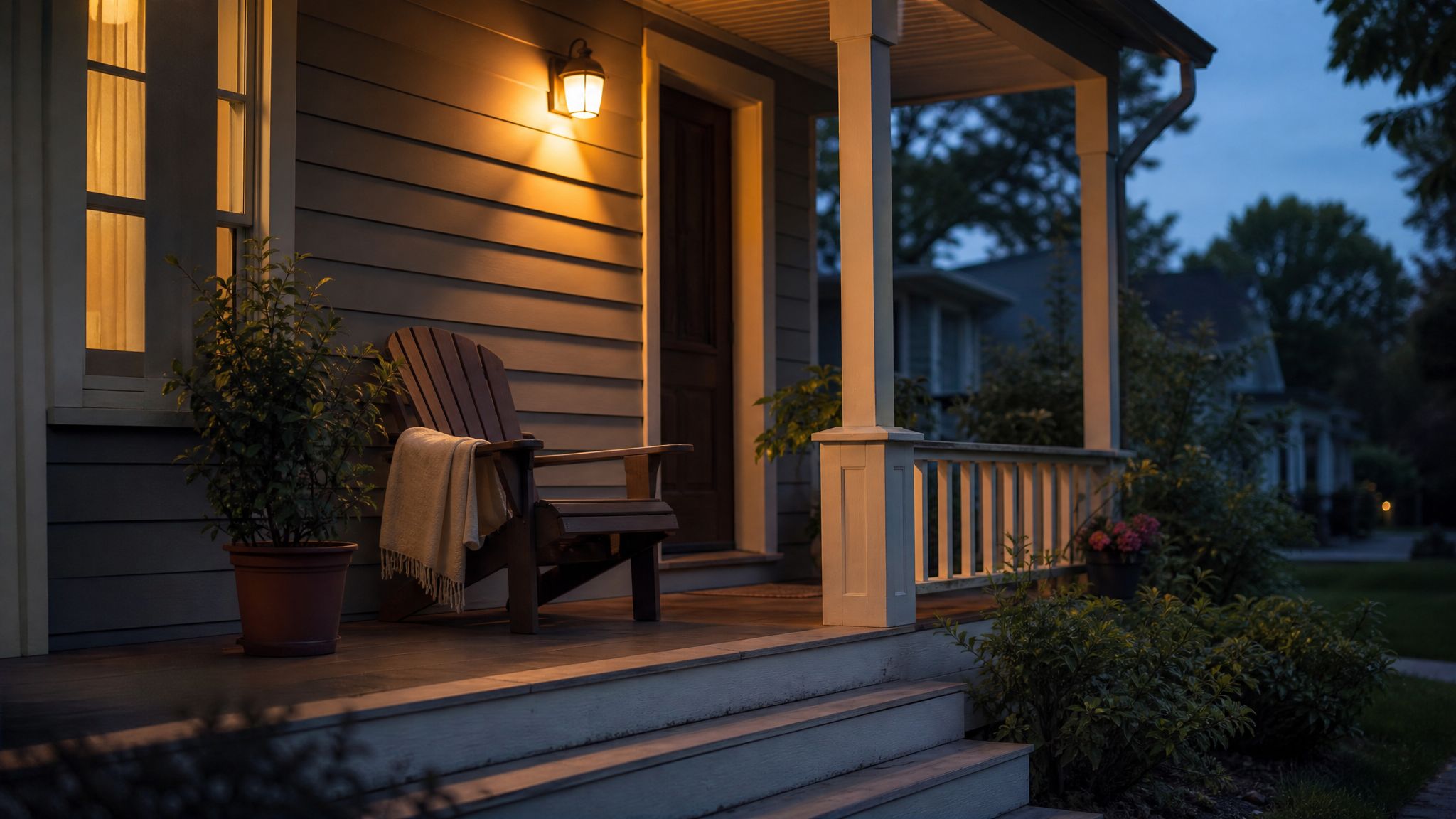 Warm porch light above the entrance to a small home.