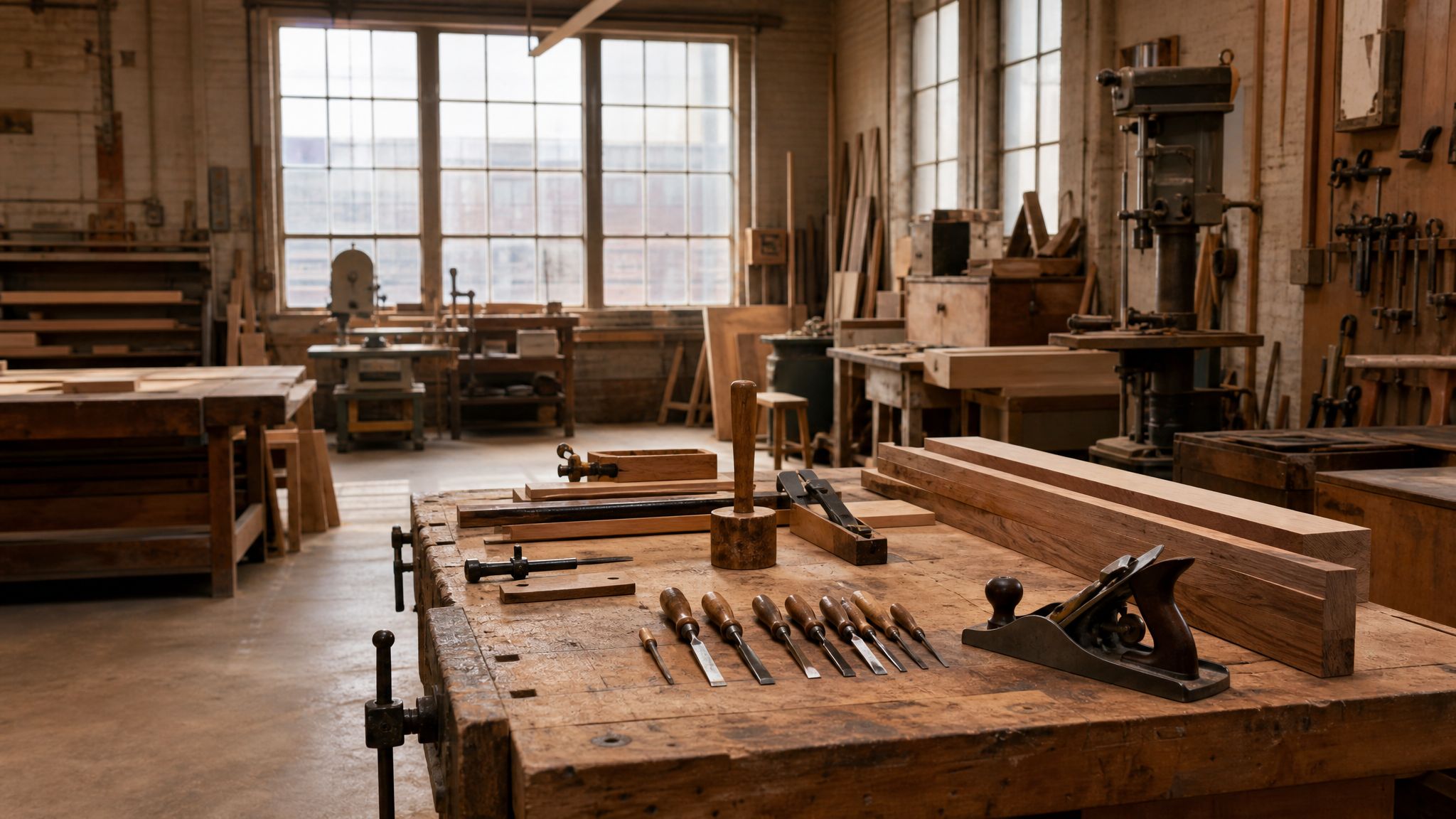 Sunlit workbench and hand tools in a small woodworking shop.