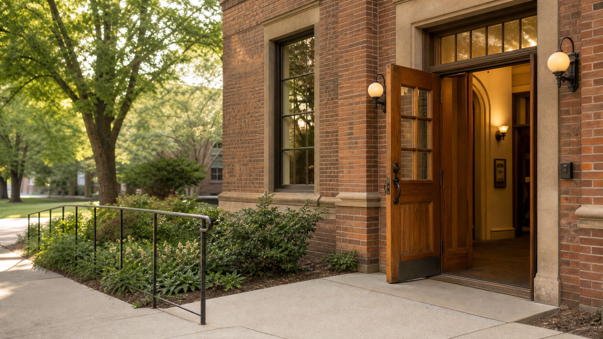 Open doorway of a neighborhood community center in morning light.