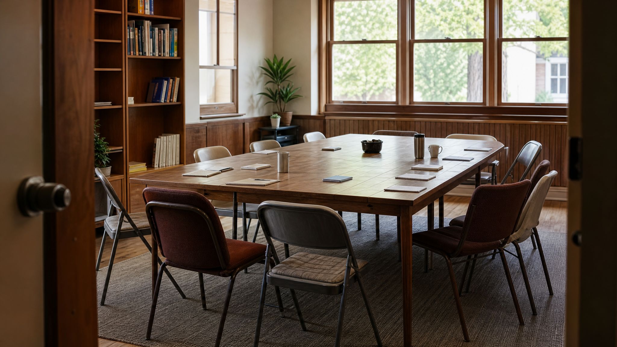 Meeting table and chairs in a neighborhood community room.