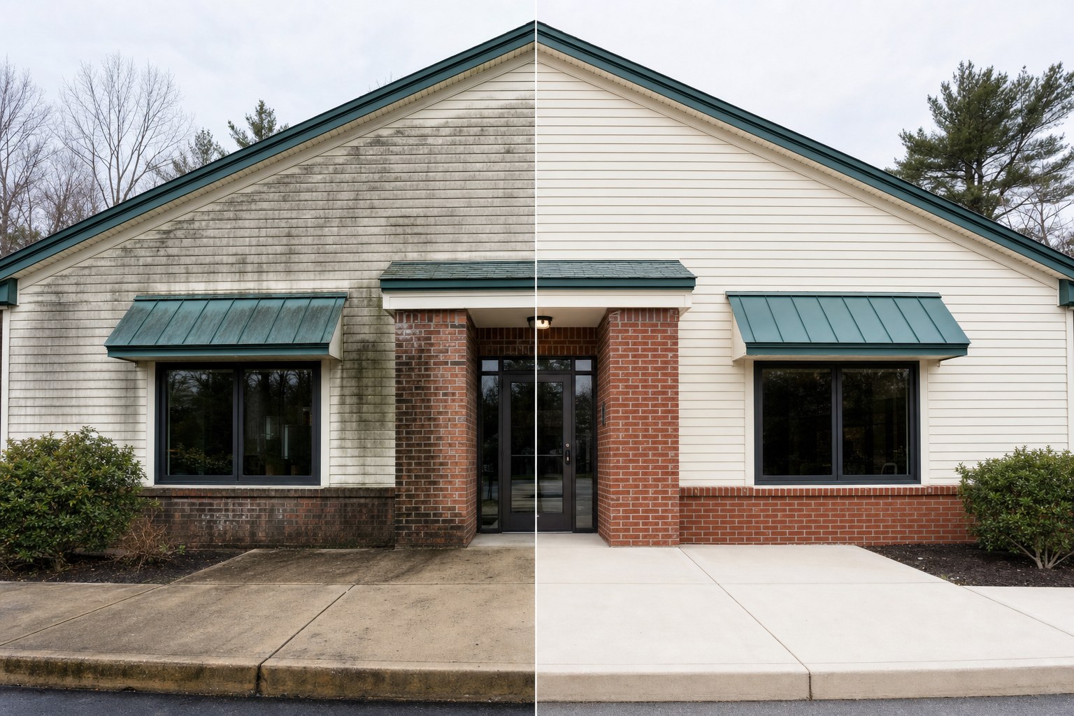 Illustrative before and after comparison of a cleaned commercial building exterior
