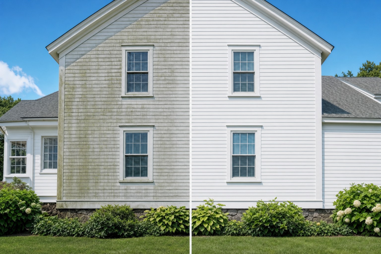 Before and after photo of exterior house siding cleaned by Positive Power Washing