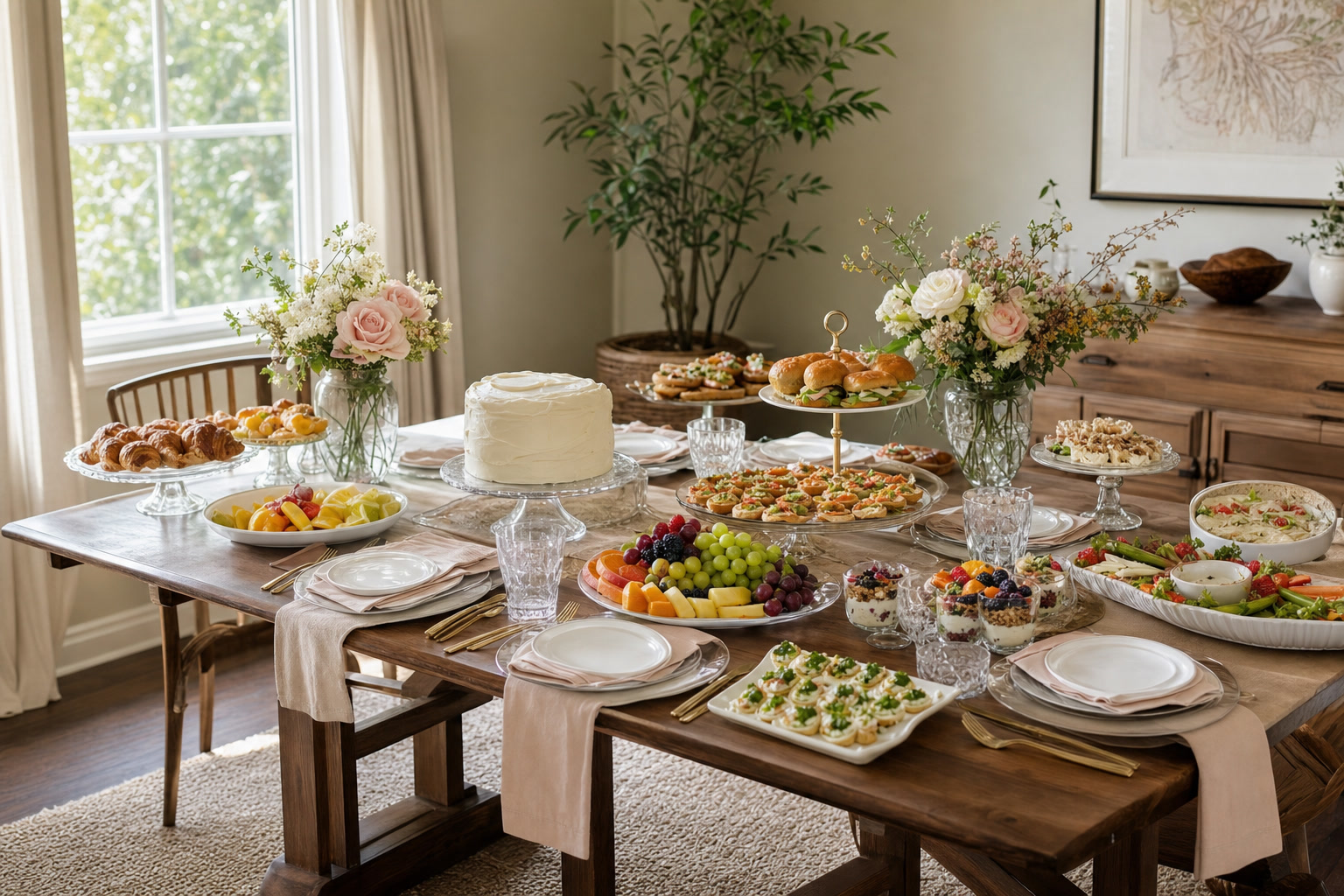 A warm baby shower brunch table with fruit, savory bites, cake, and flowers