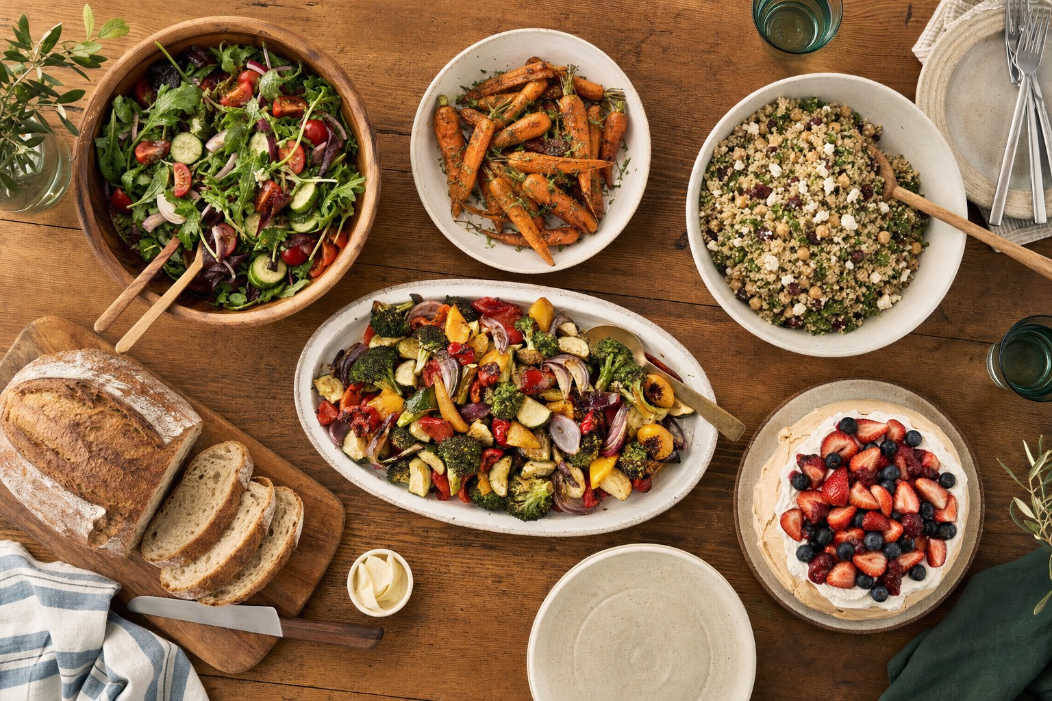A varied spread of salad, vegetables, grains, bread, and dessert