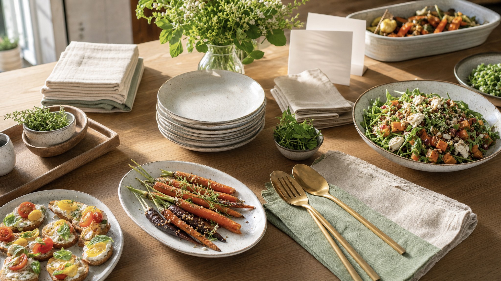 Plates, serving pieces, and prepared dishes arranged for catering