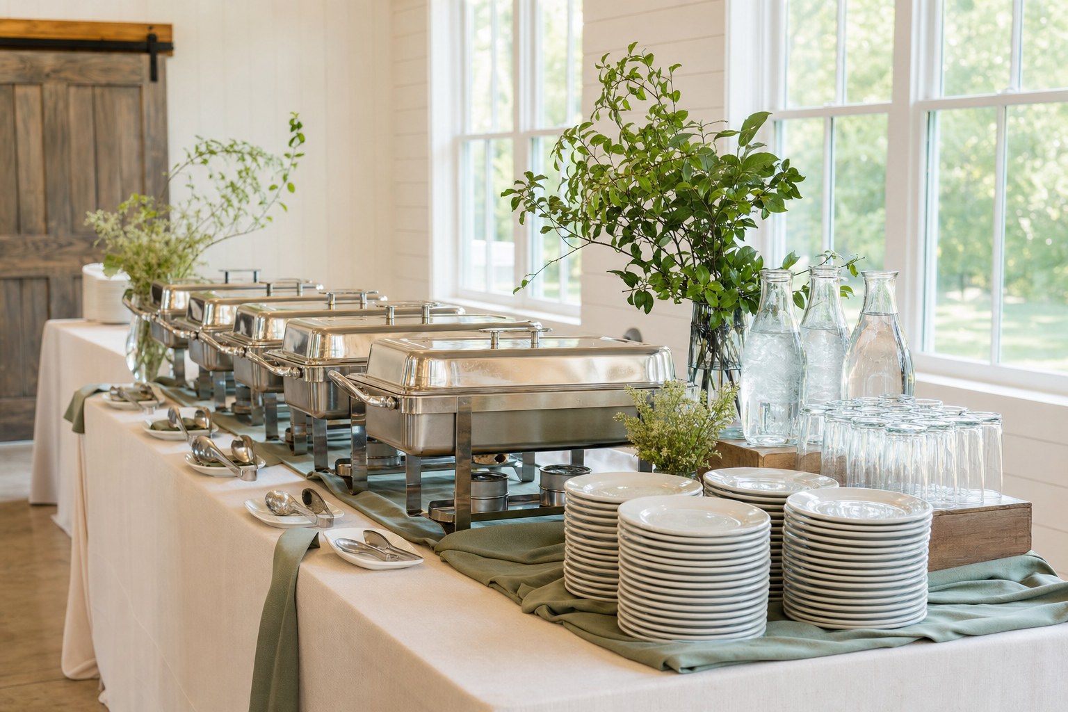 A buffet station set with covered serving dishes, plates, and water