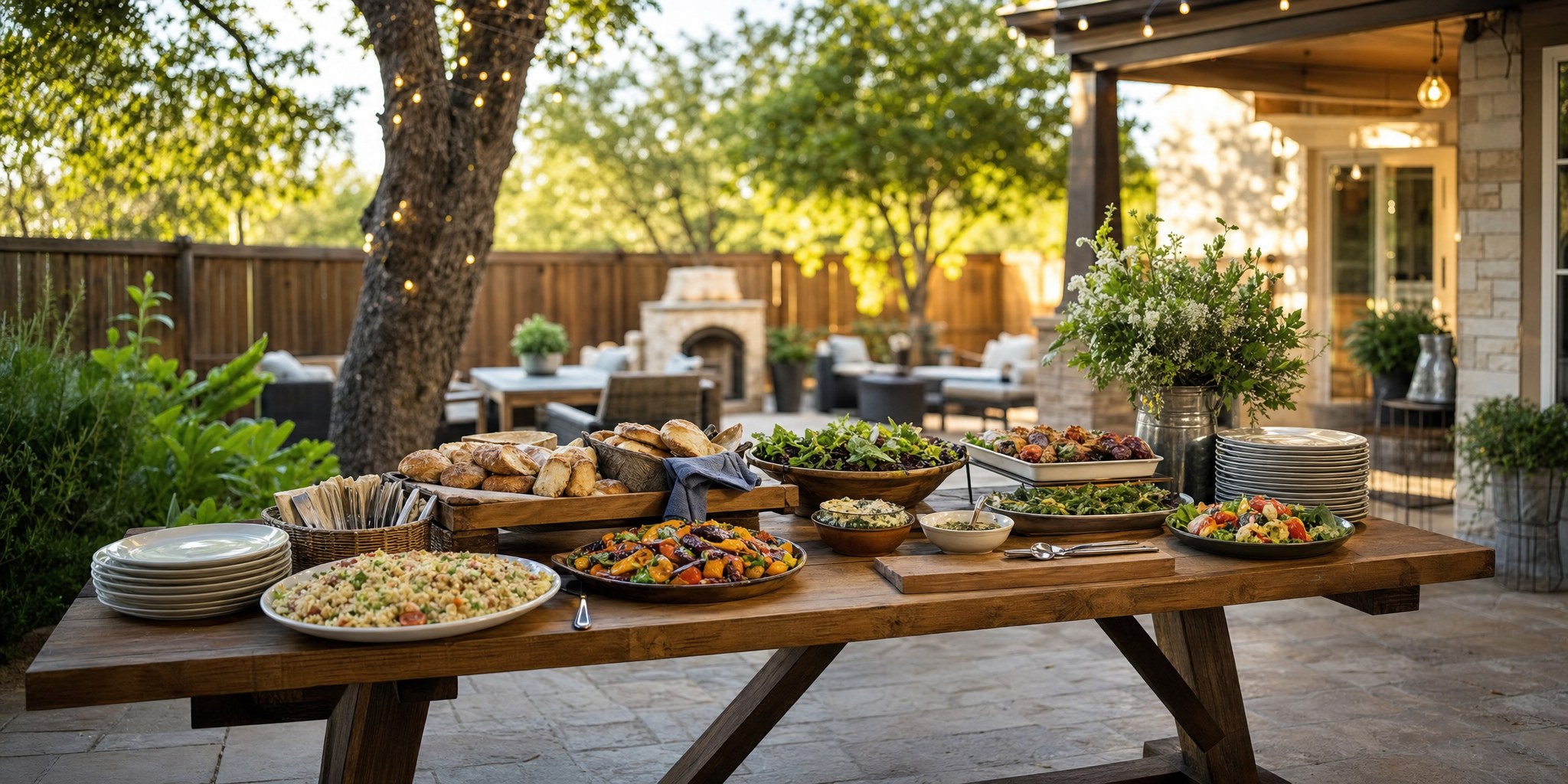 A generous outdoor buffet with salads, roasted vegetables, bread, and plates ready for guests