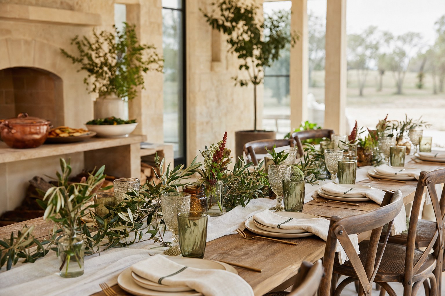 A long table set for a warm, welcoming gathering
